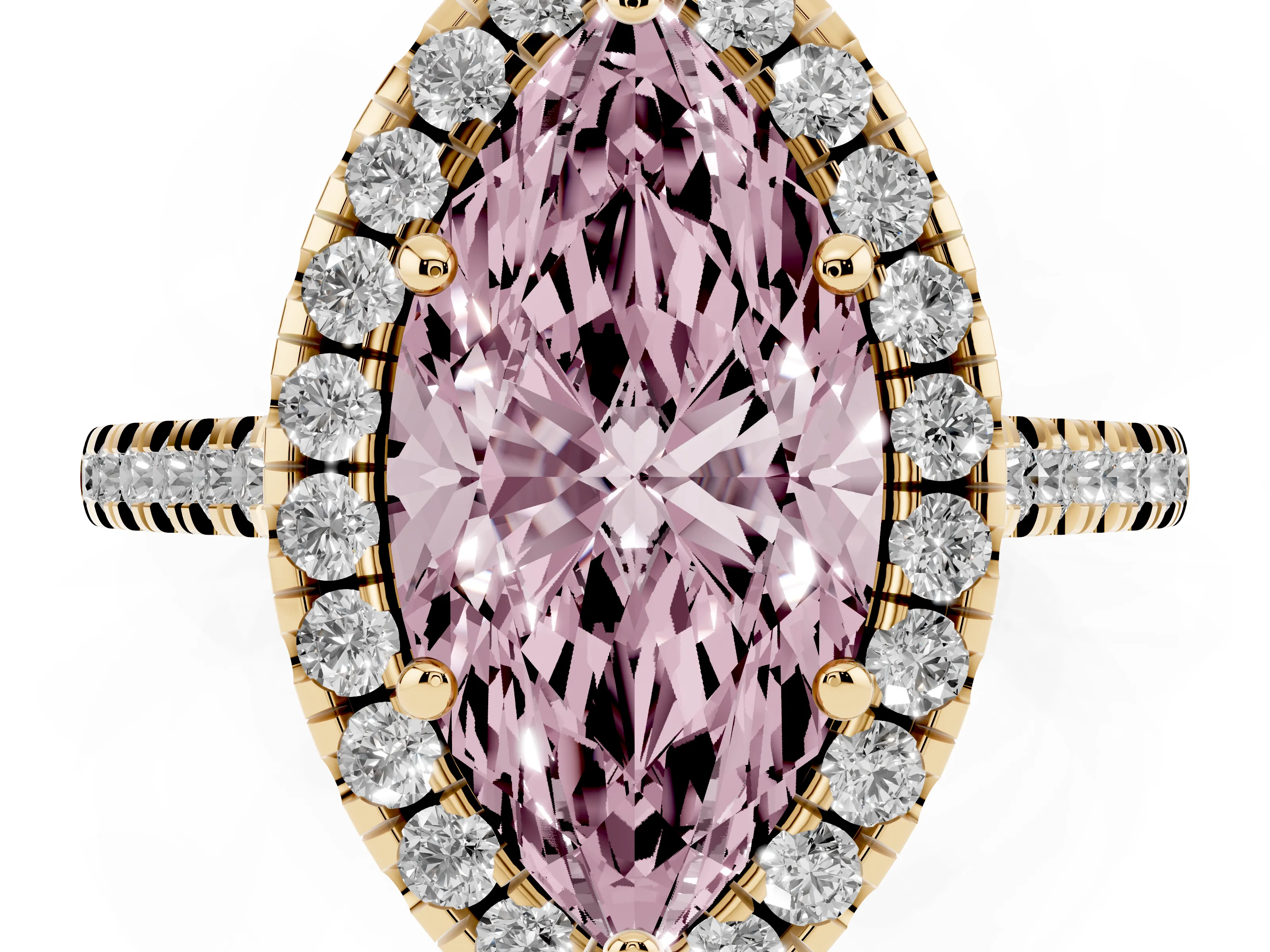 Fancy Pink Marquise Cut Diamond Cushion Halo Ring Set in Yellow gold with Pavé Band