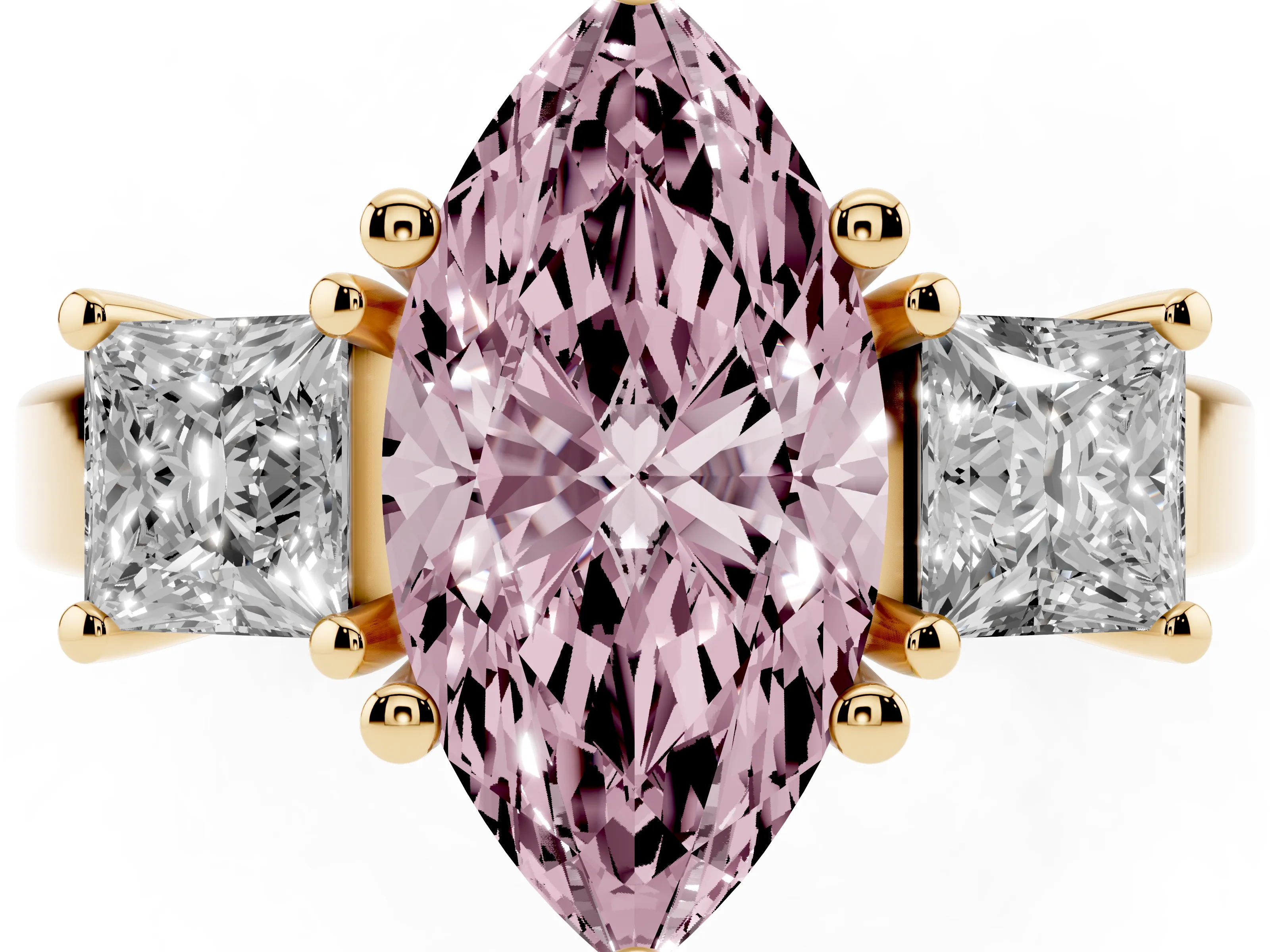 Fancy Pink Three-Stone Marquise Cut Diamond Solitaire Ring Set in Yellow gold with Prong Setting