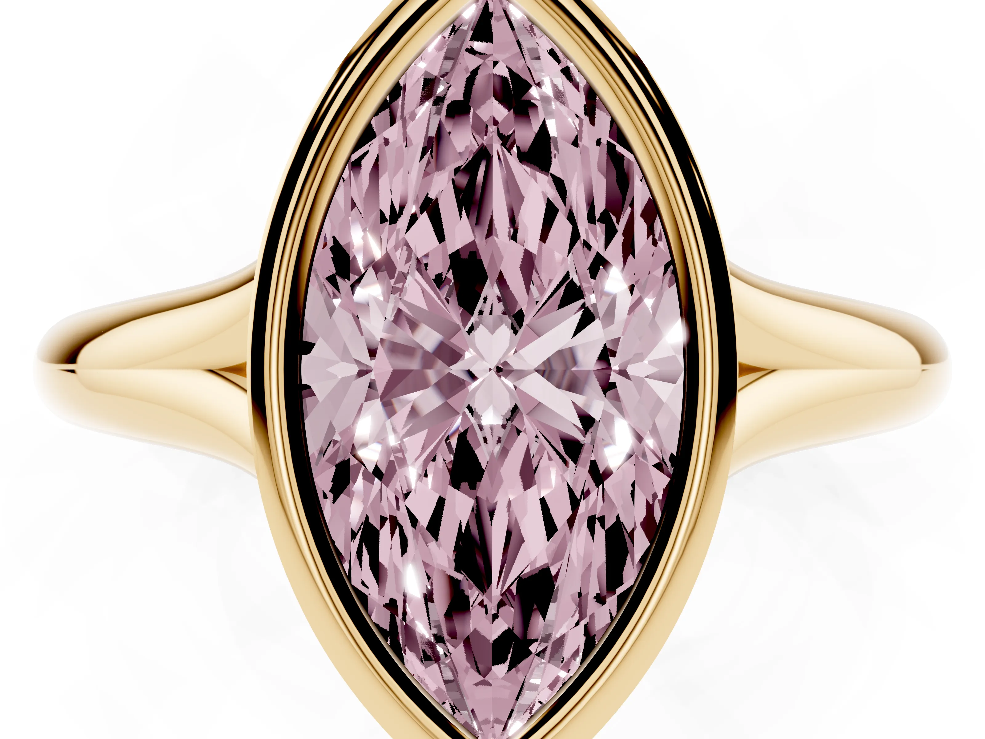 Fancy Pink Bezel Set Marquise Cut Diamond Solitaire Ring Set in Yellow gold with Smooth Band