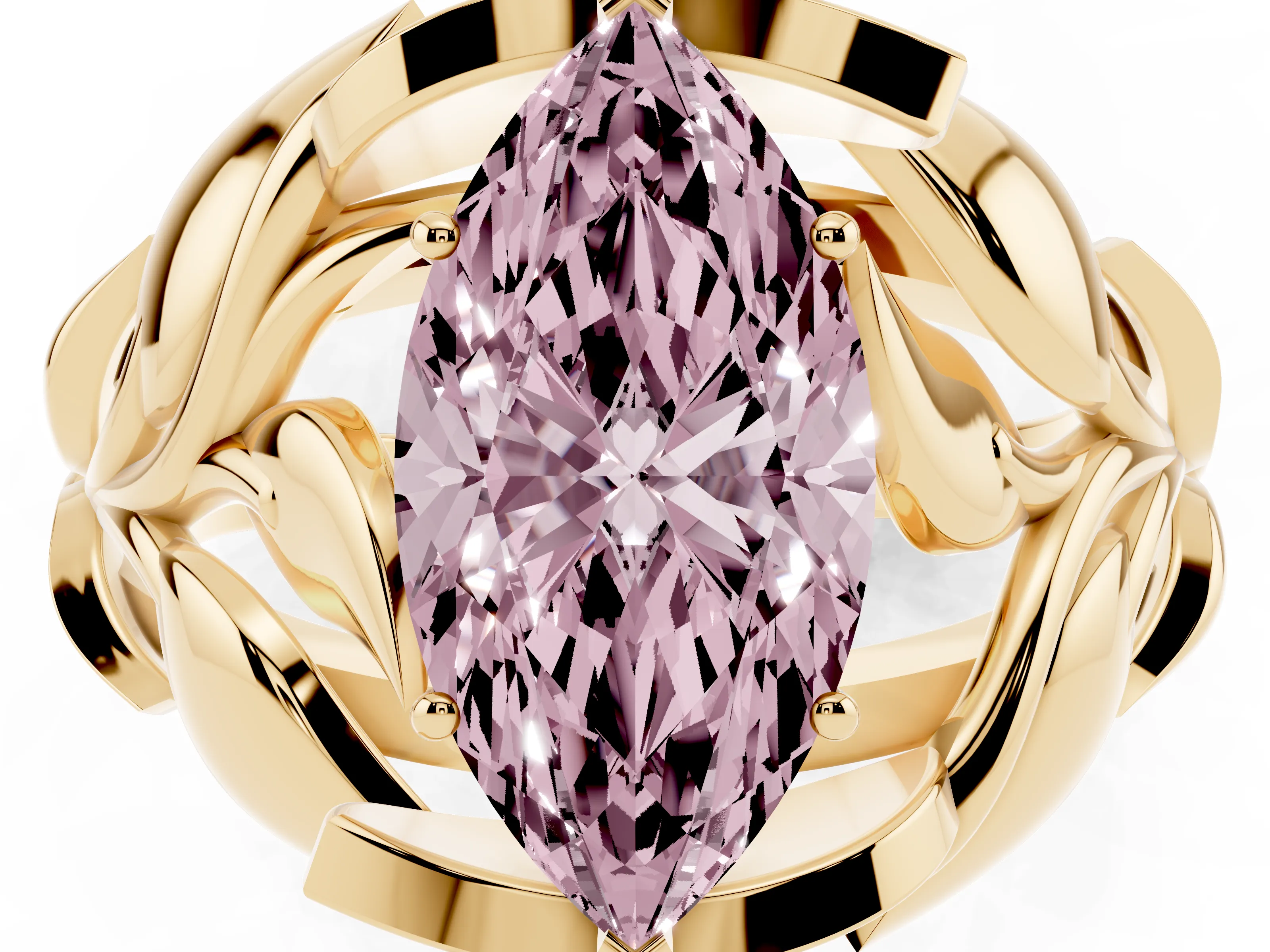 Fancy Pink Marquise Cut Diamond Leaf-Inspired Engagement Ring Set in Yellow gold with Round Accents