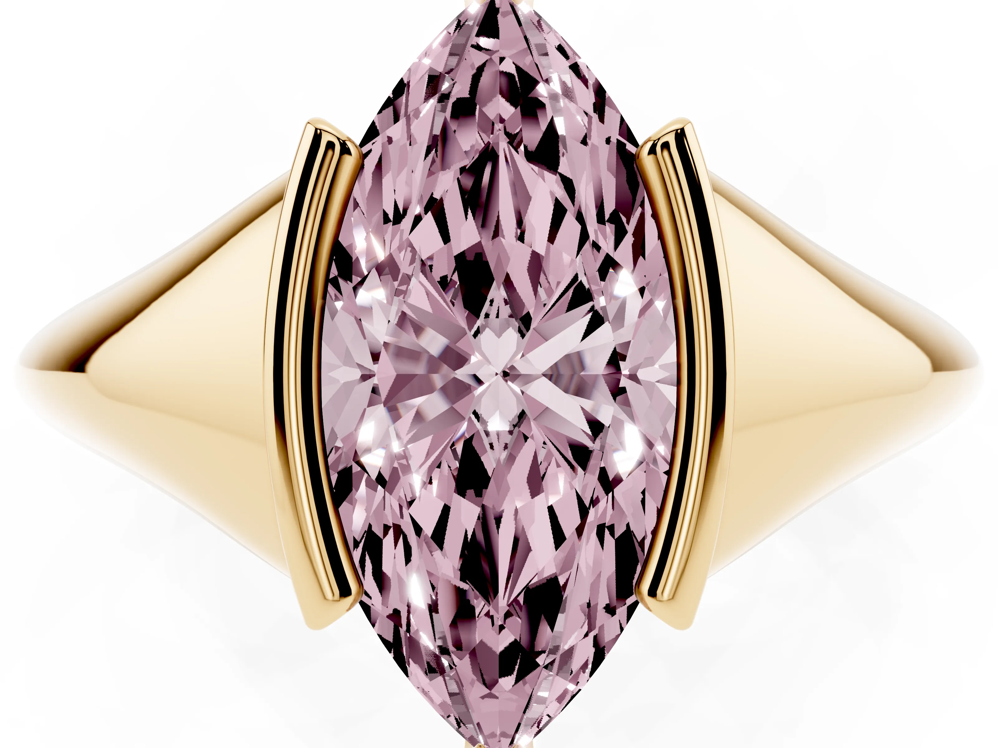 Fancy Pink Marquise Cut Diamond Solitaire Tension Set Ring Set in Yellow gold