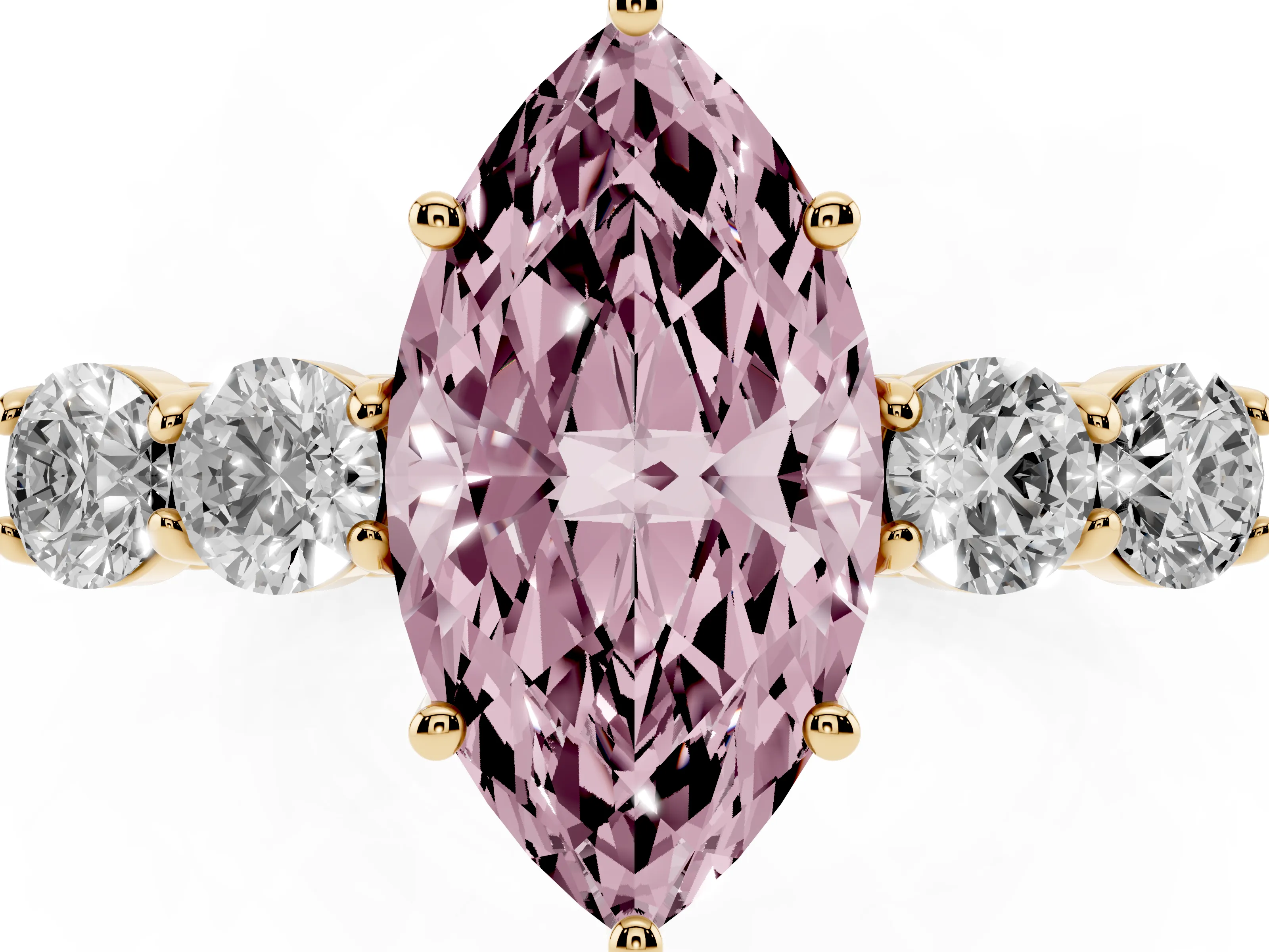 Fancy Pink Marquise Cut Diamond Five-Stone Prong Set Band Ring Set in Yellow gold with Polished Band