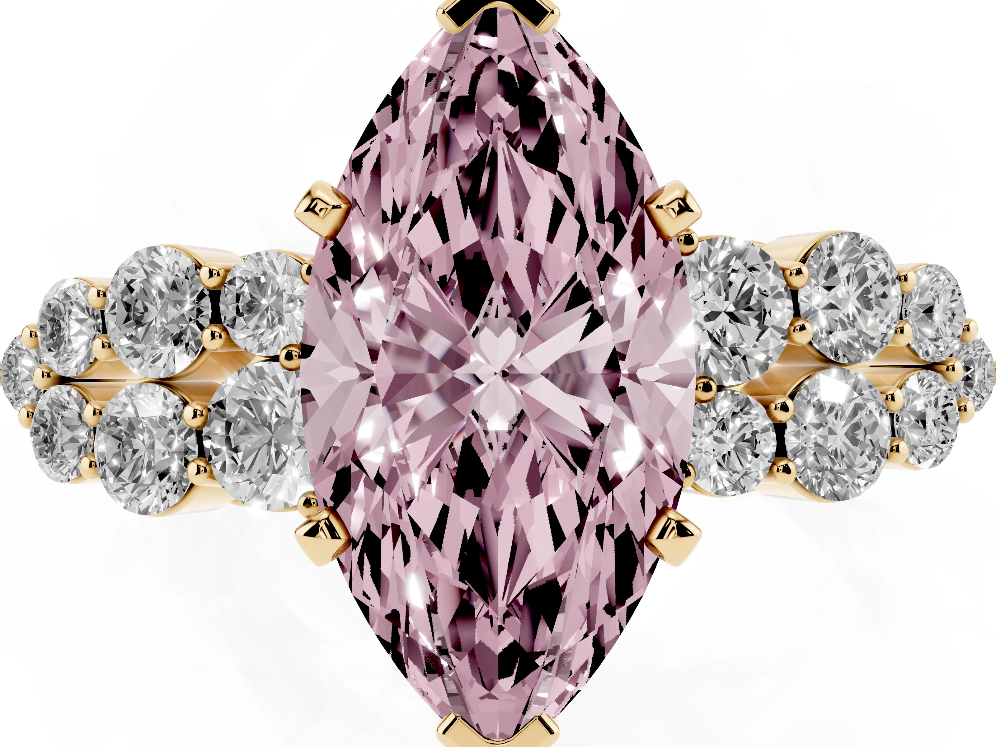 Fancy Pink Marquise Cut Diamond Cluster Engagement Ring Set in Yellow gold with Pavé Band and Prong Setting
