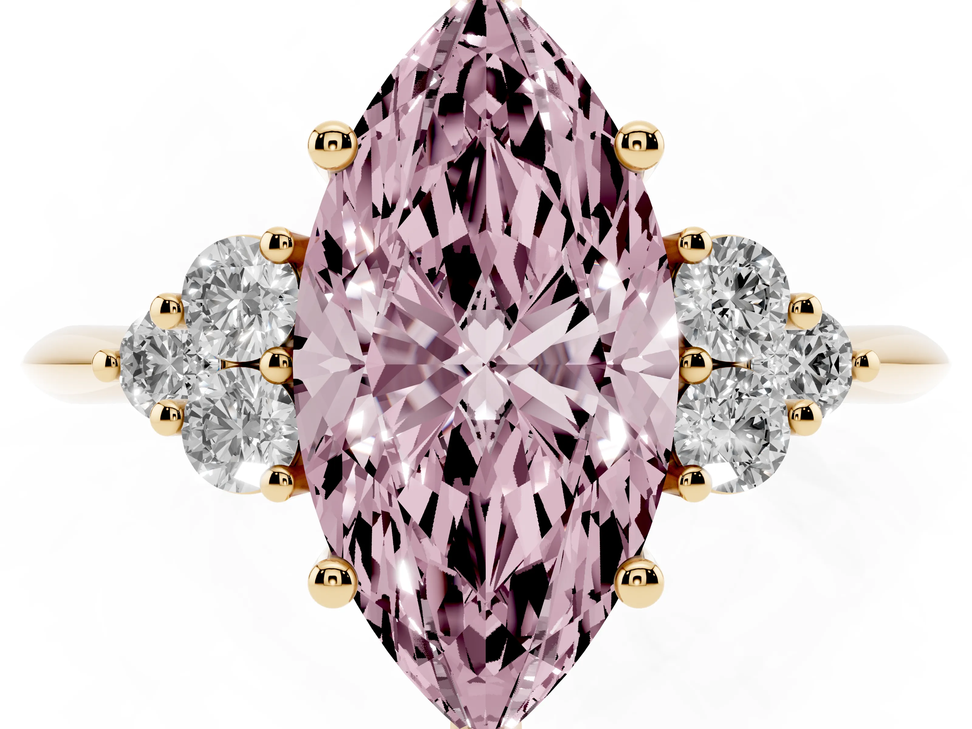 Fancy Pink Marquise Cut Diamond Cluster Ring Set in Yellow gold with Plain Band and Prong Setting