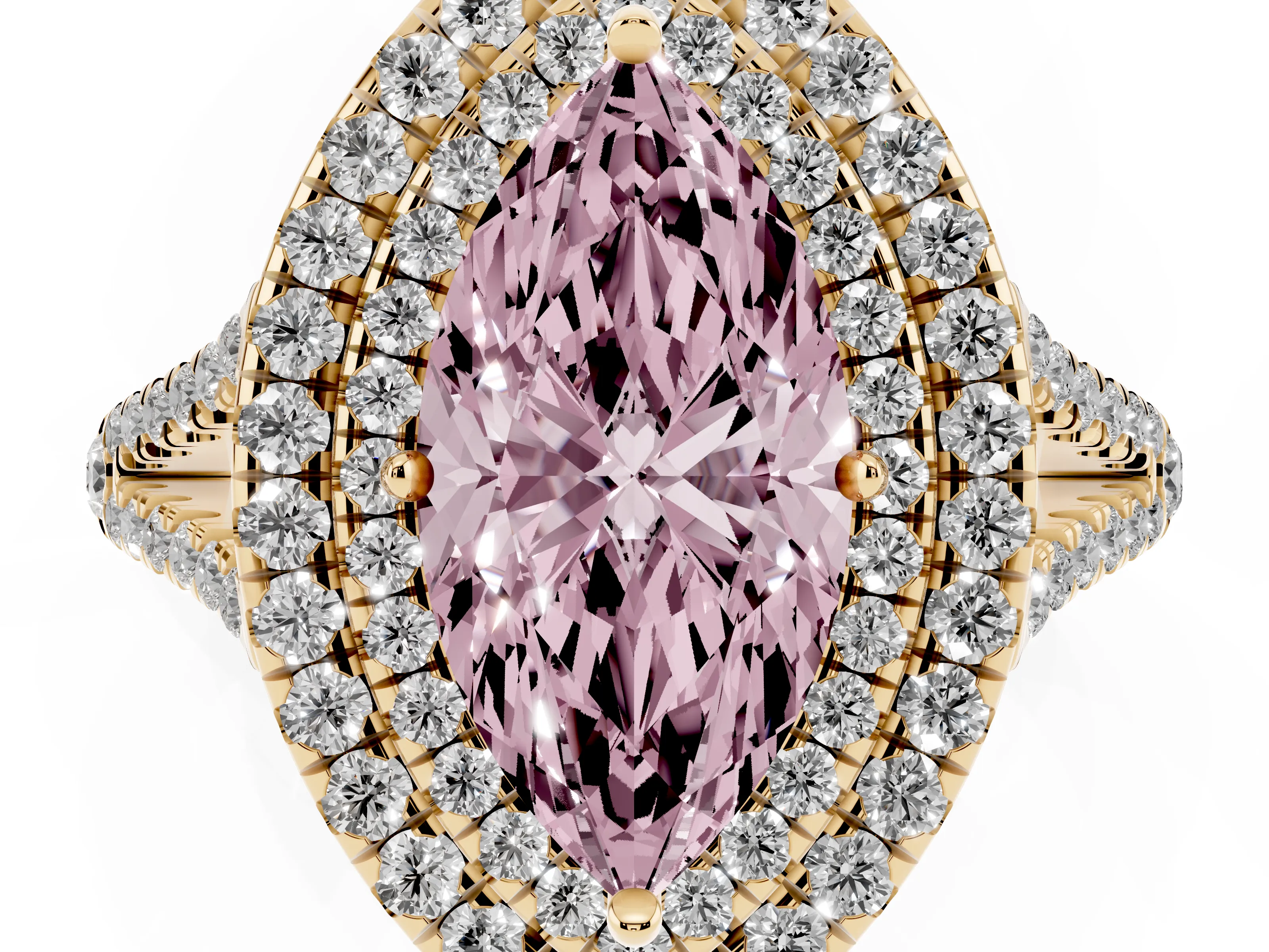 Fancy Pink Marquise Cut Diamond Double Halo Ring Set in Yellow gold with Pavé Band