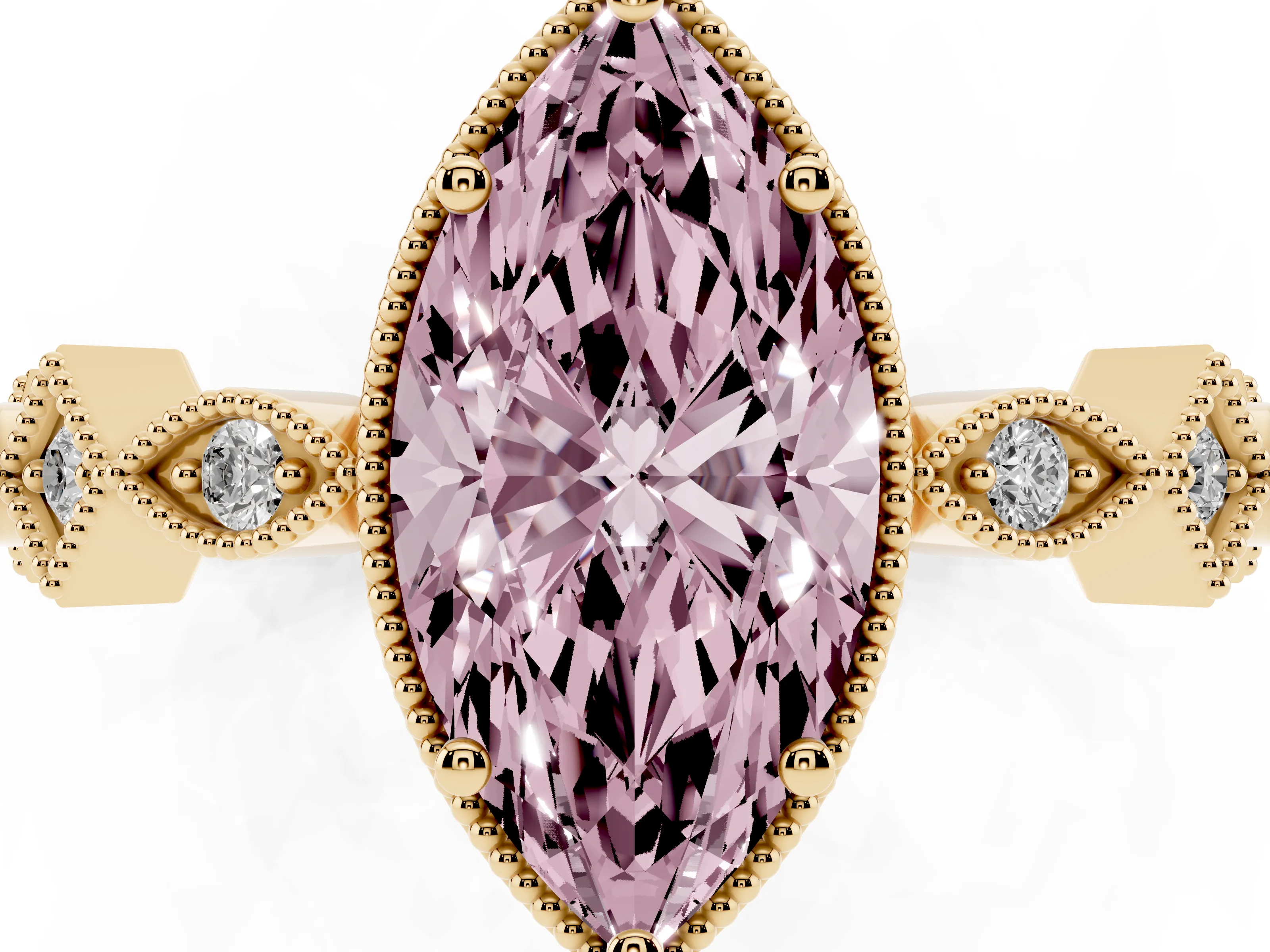 Fancy Pink Marquise Cut Diamond Milgrain Marquise Twist Band Ring Set in Yellow gold with Prong Setting