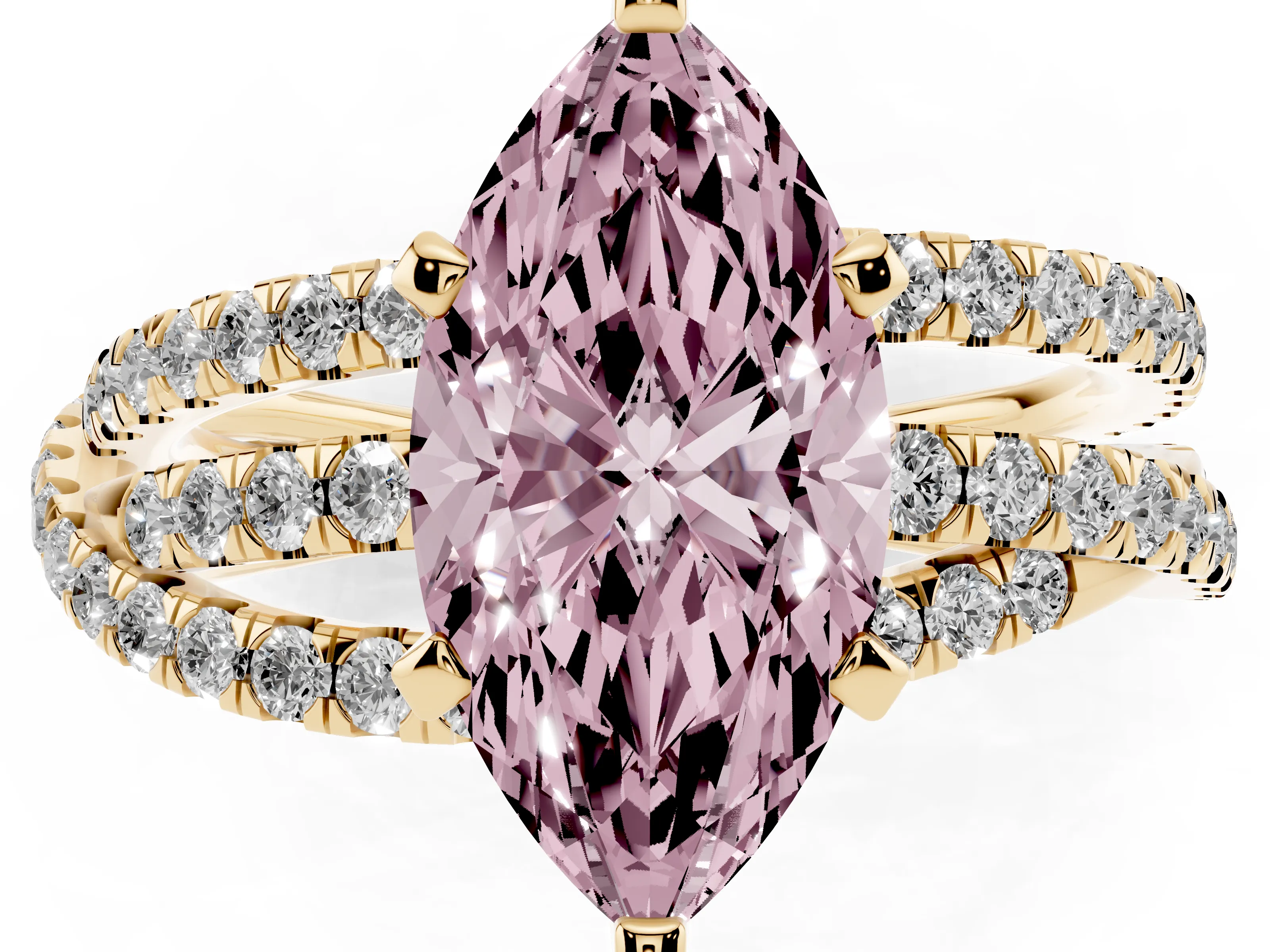 Fancy Pink Marquise Cut Diamond Solitaire Twist Band Ring Set in Yellow gold with Pavé Setting and Prong Head