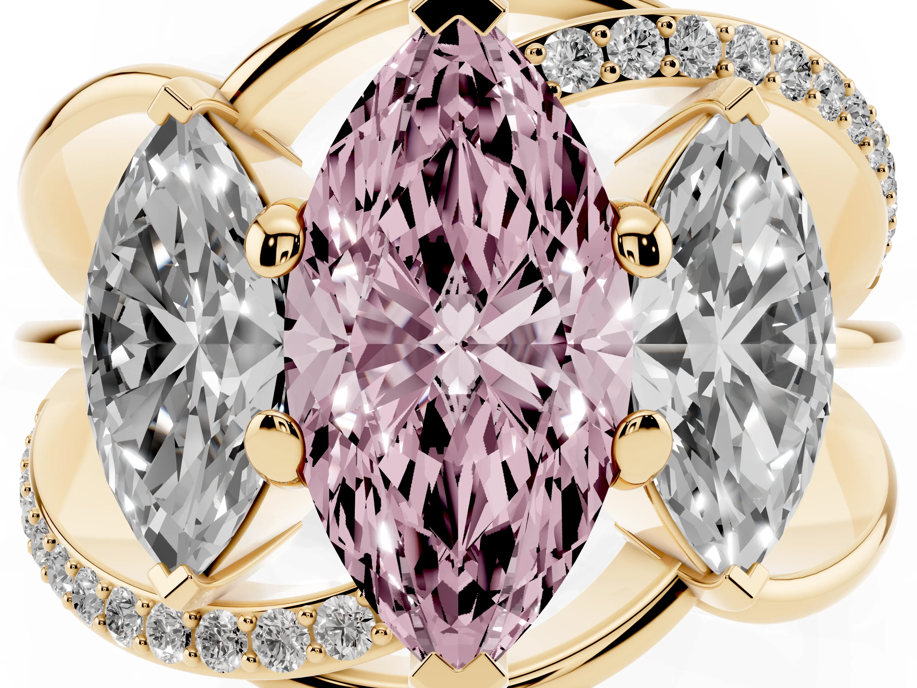 Fancy Pink Marquise Cut Diamond Three-Stone Ring Set in Yellow gold with Split Shank and Prong Setting