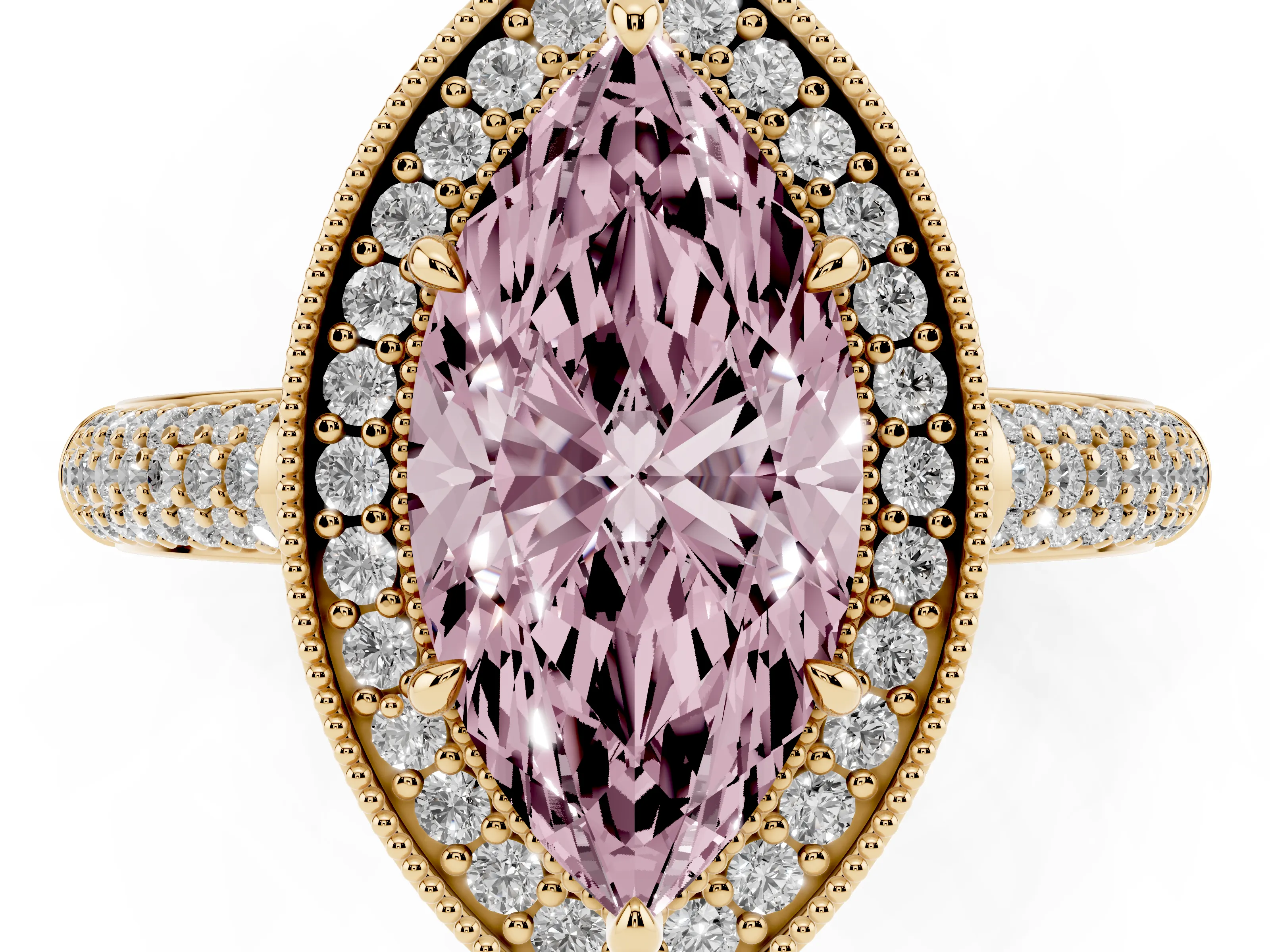 Fancy Pink Marquise Cut Diamond Halo Pavé Band Set in Yellow gold with Prong Setting