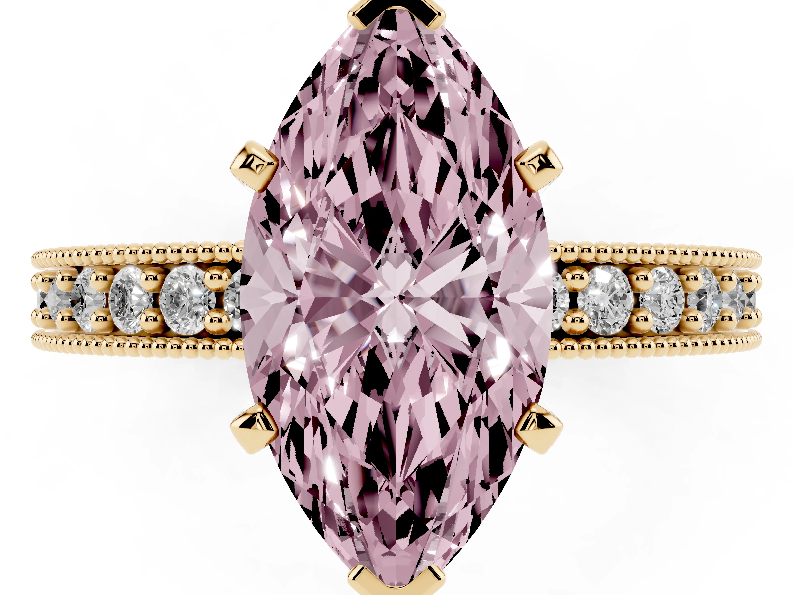 Marquise Milgrain Pavé Engagement Ring Setting for a Fancy Pink Lab-Grown Diamond | Yellow Gold