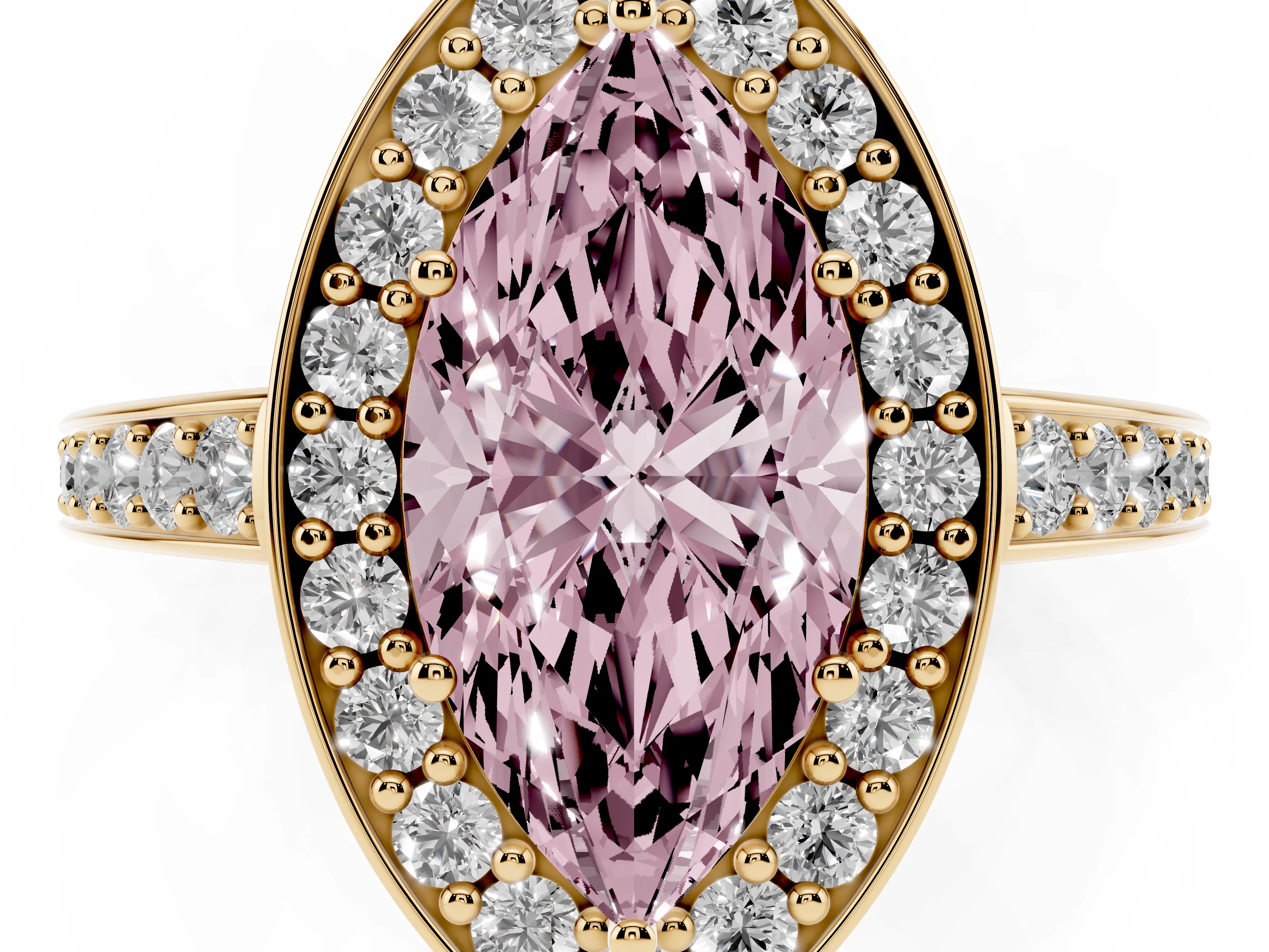 Fancy Pink Marquise Cut Diamond Halo Pavé Engagement Ring Set in Yellow gold with Bezel Setting