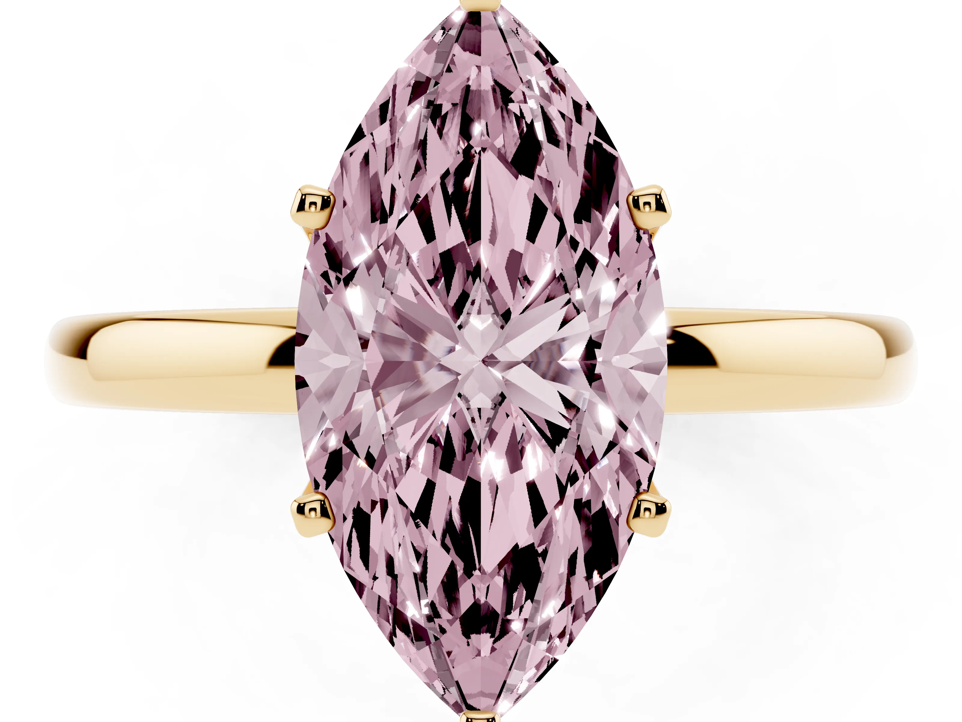 Fancy Pink Marquise Cut Diamond Solitaire Ring Set in Yellow gold with Raised Prong Setting on a Classic Band