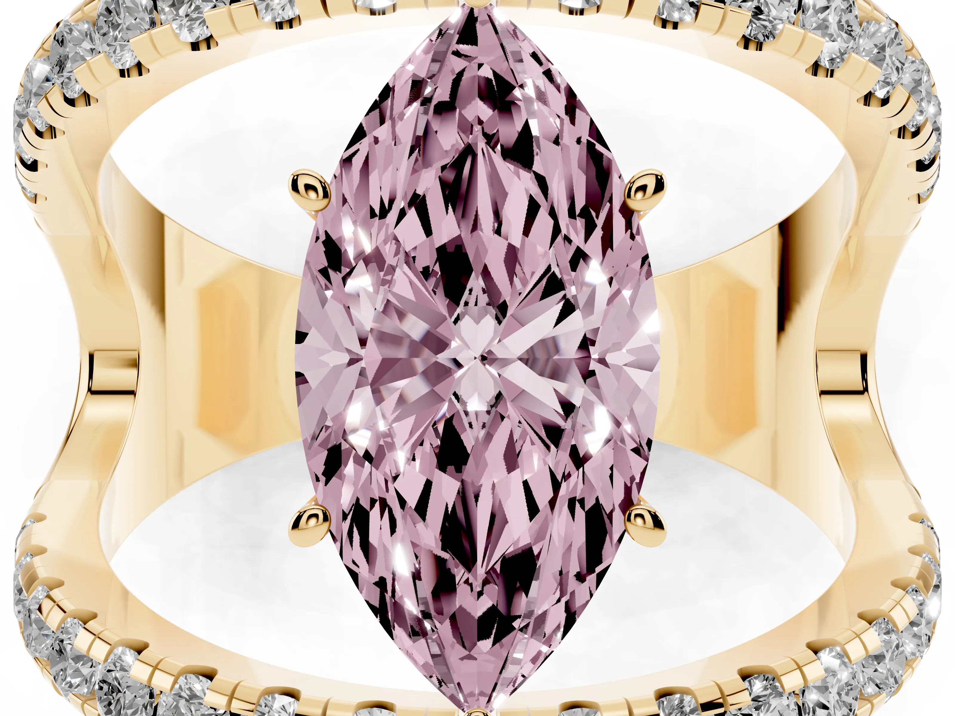 Fancy Pink Marquise Cut Diamond Split Shank Pavé Solitaire Ring Set in Yellow gold with Open Shank Design