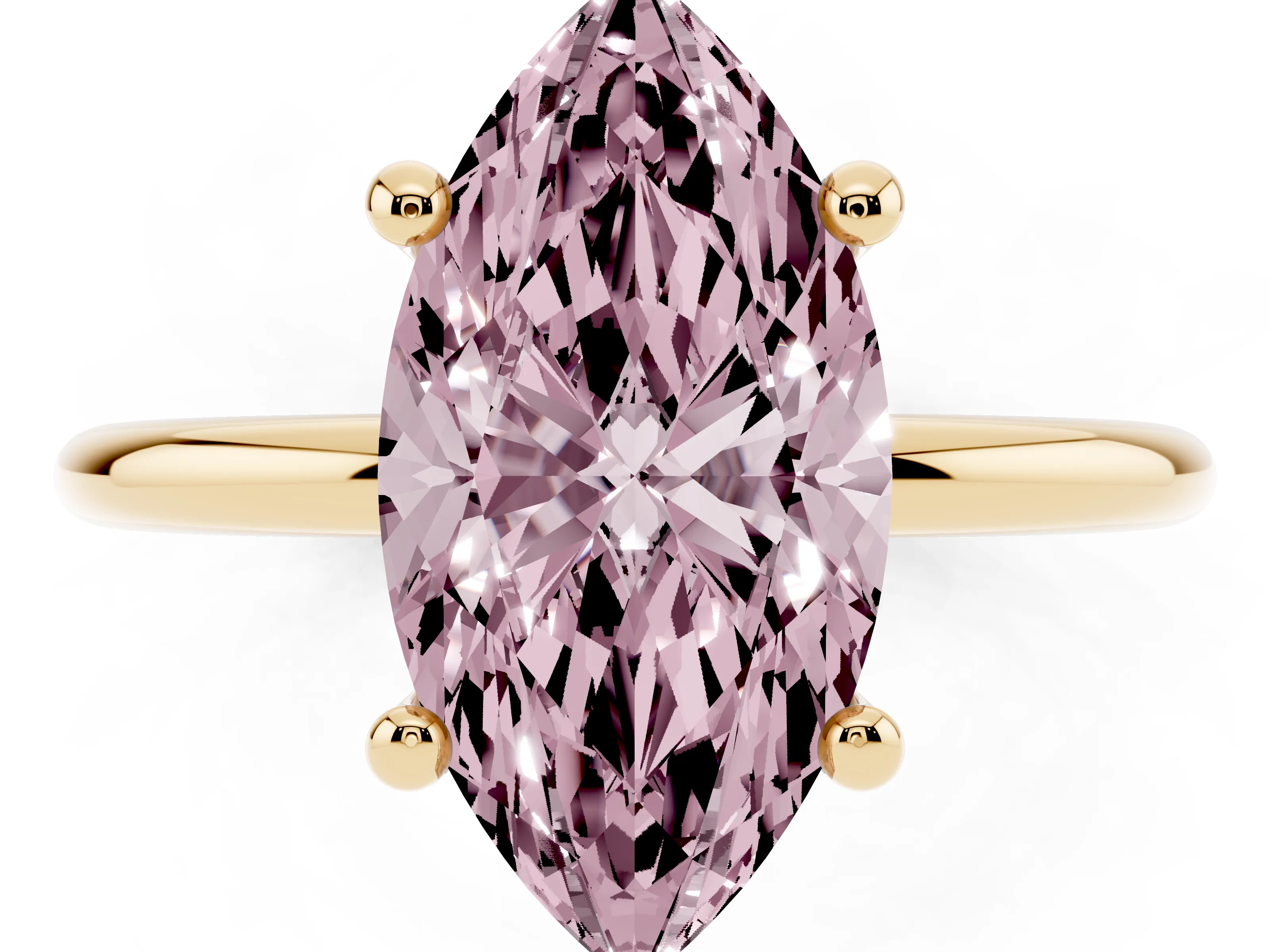 Fancy Pink Marquise Cut Diamond Solitaire Ring Set in Yellow gold with Secure Prong Setting on a Classic Band
