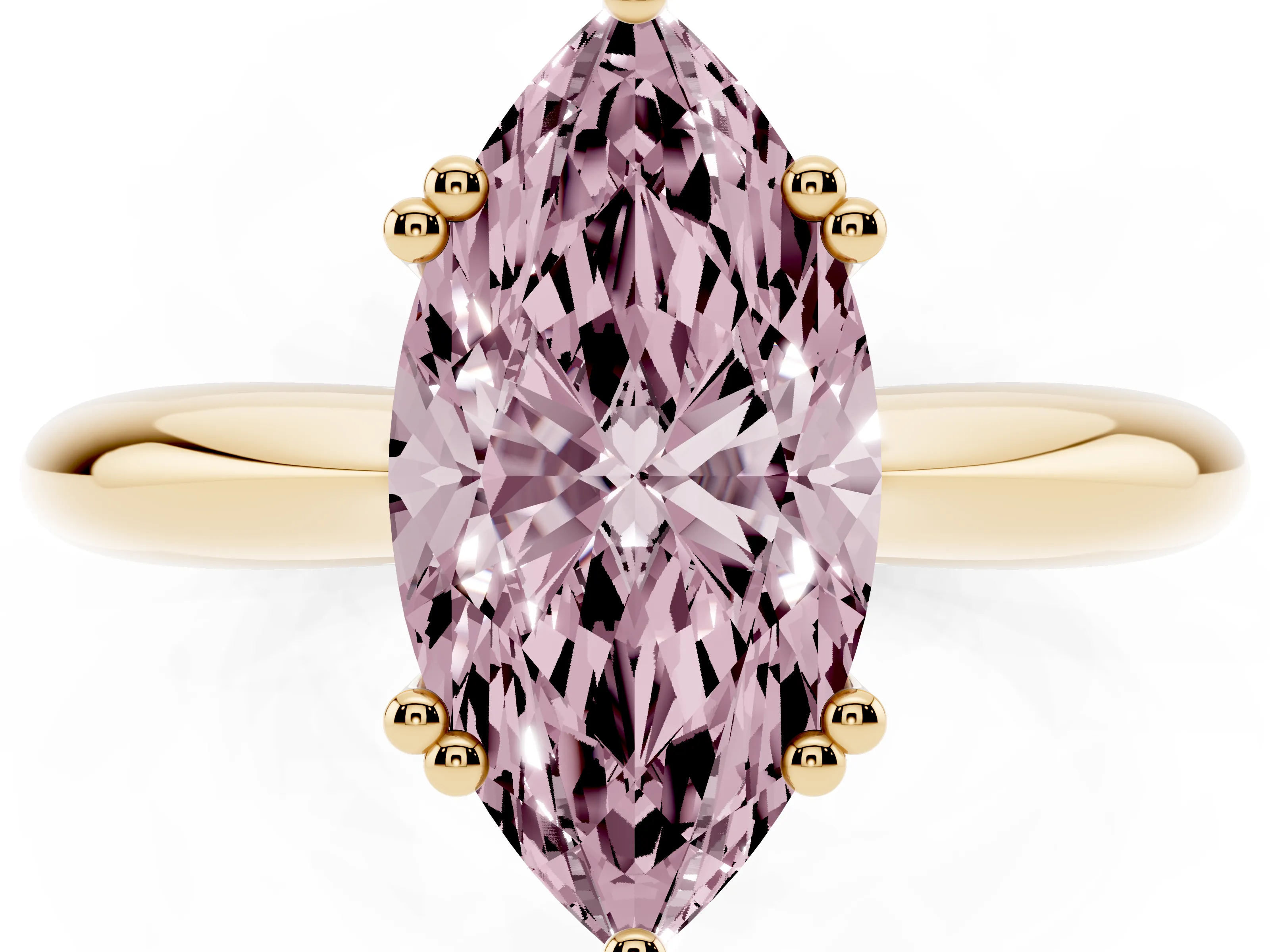 Fancy Pink Marquise Cut Diamond Solitaire Engagement Ring Set in Yellow gold with Tapered Band and Prong Setting