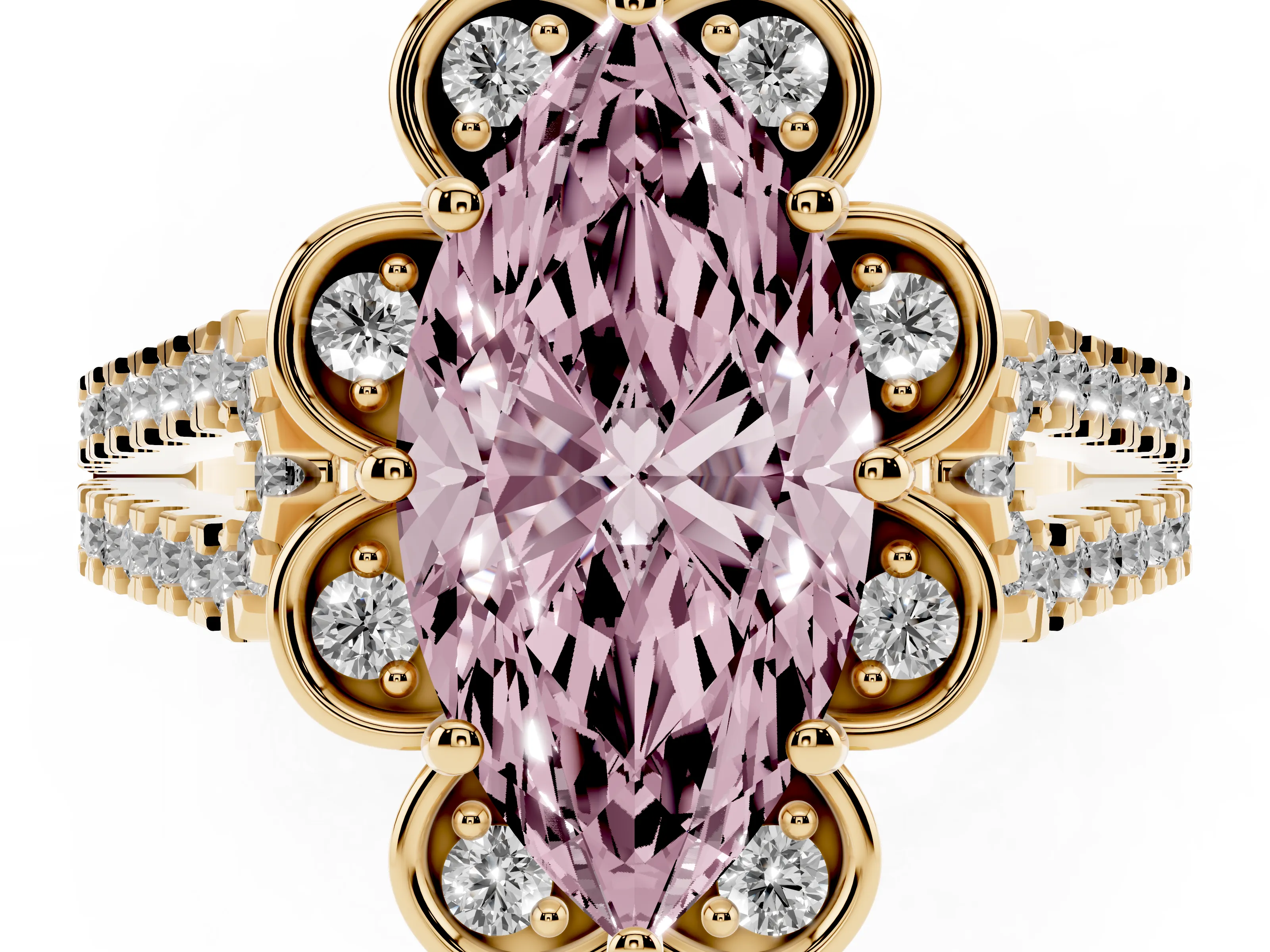 Fancy Pink Marquise Cut Diamond Floral Halo Split Shank Engagement Ring Set in Yellow gold with Pavé Shank