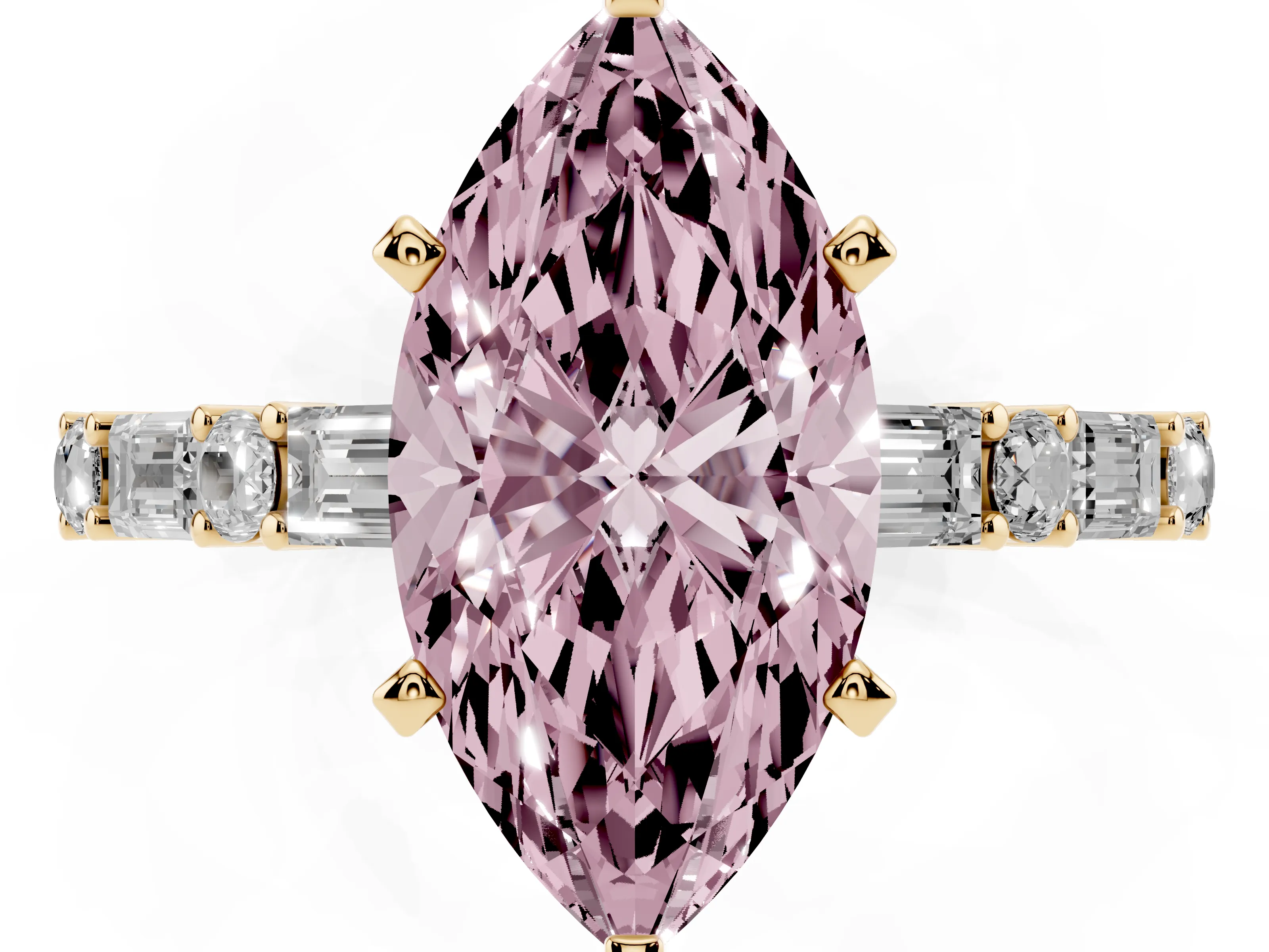 Fancy Pink Marquise Cut Diamond Solitaire Set in Yellow gold with Side Baguettes and Channel Set Band