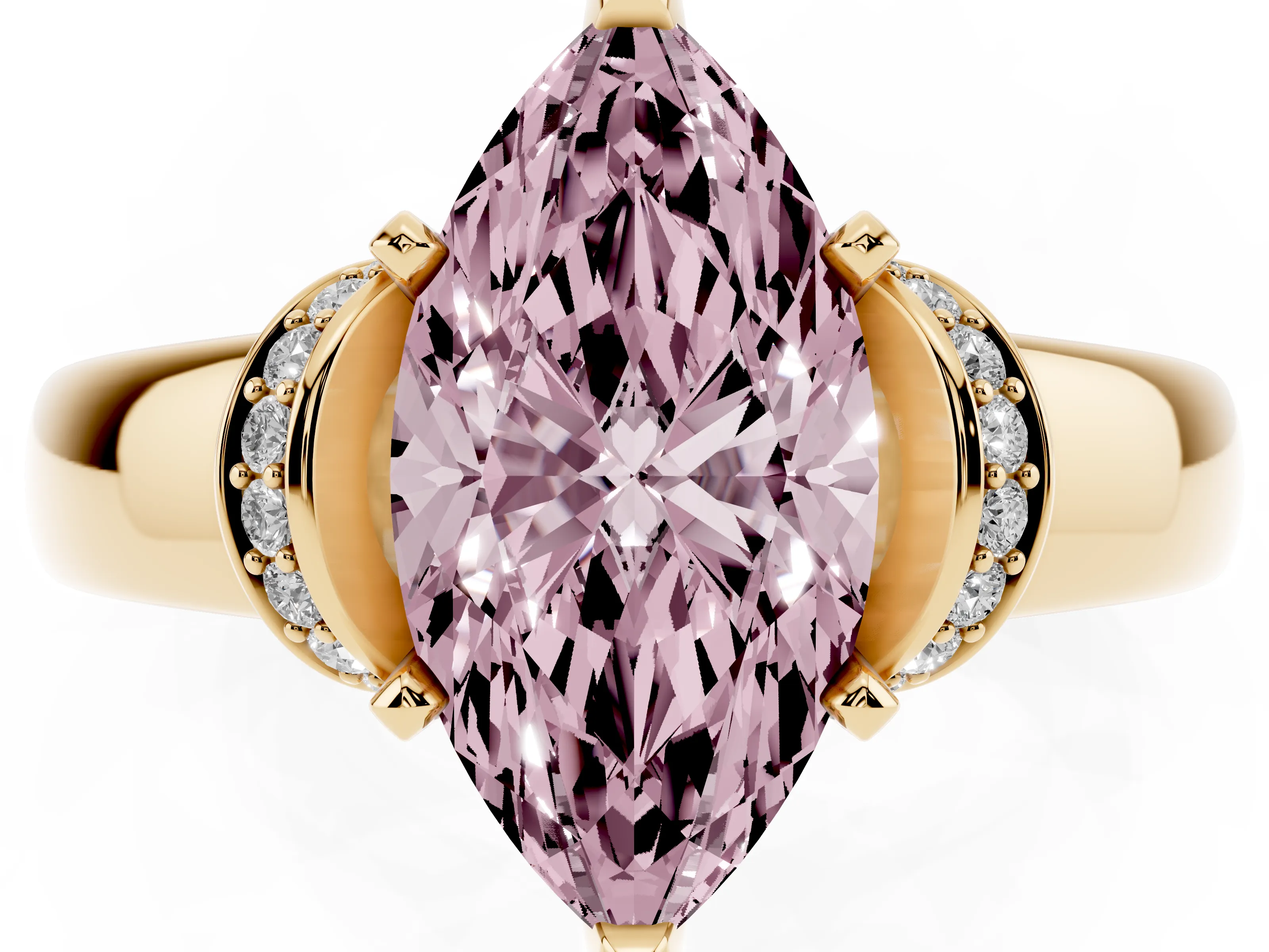 Fancy Pink Marquise Cut Diamond Pavé Band Solitaire Ring Set in Yellow gold with Prong Setting