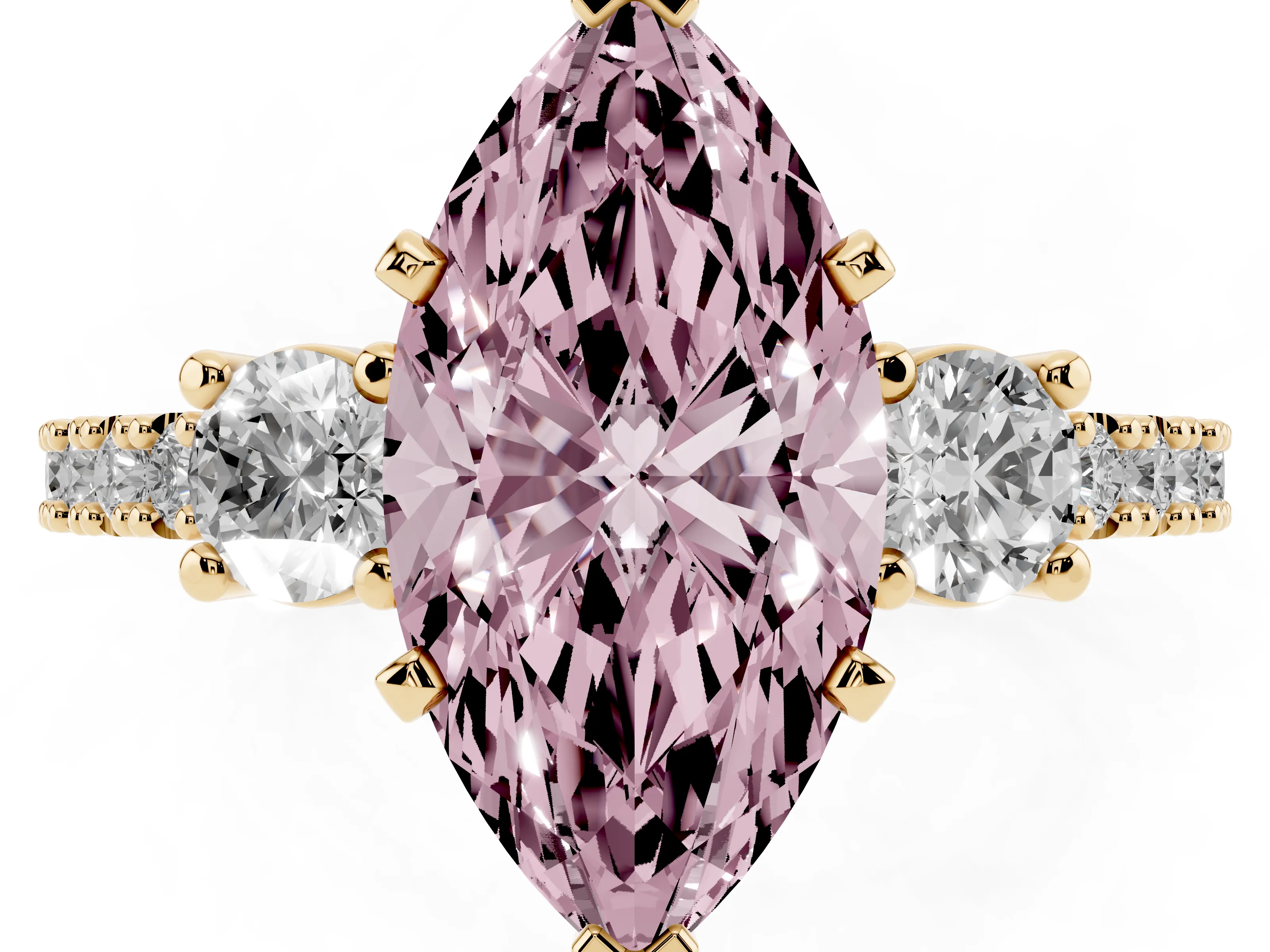 Fancy Pink Three-Stone Marquise Cut Diamond Pavé Band Ring Set in Yellow gold with Prong Setting