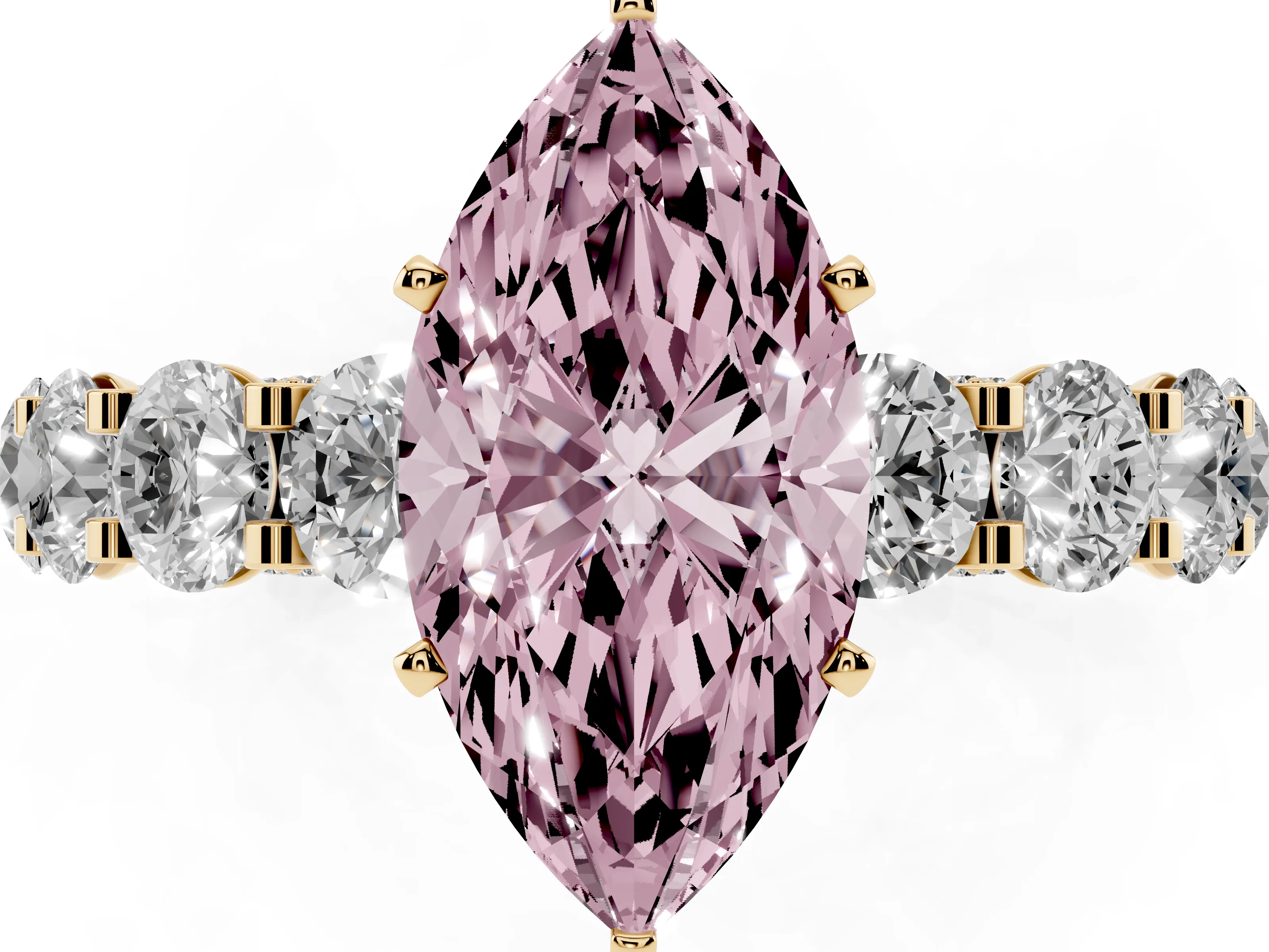 Fancy Pink Marquise Cut Diamond Side Stone Ring Set in Yellow gold with Alternating Round and Oval Side Stones