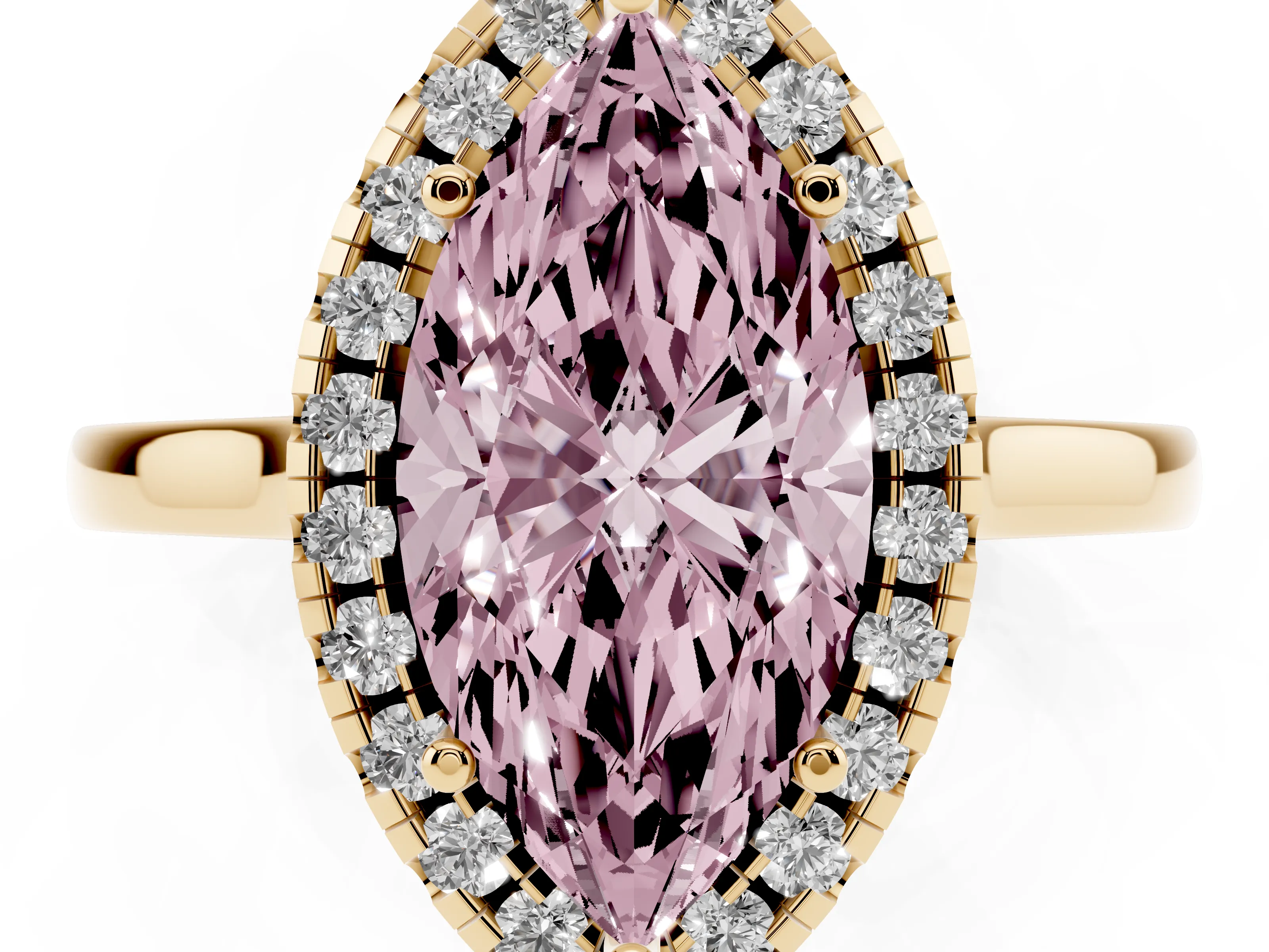 Fancy Pink Marquise Cut Halo Round Diamond Solitaire Ring Set in Yellow gold with Pavé Band and Prong Setting