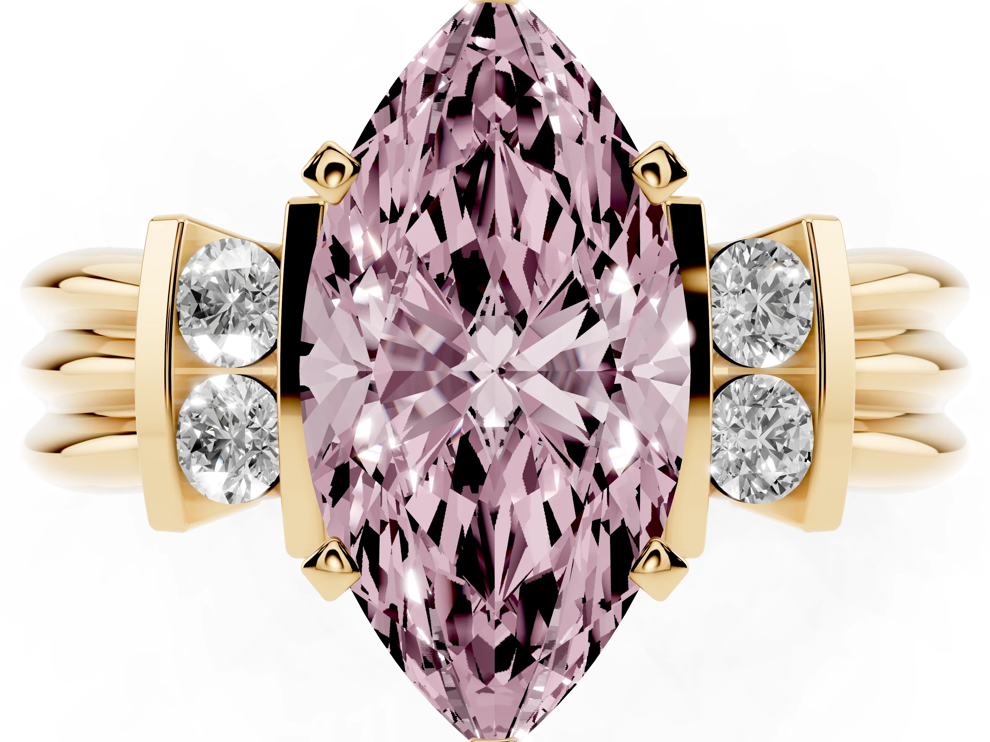 Fancy Pink Three-Stone Marquise Cut Diamond Channel Set Ring Set in Yellow gold with Bar Prongs