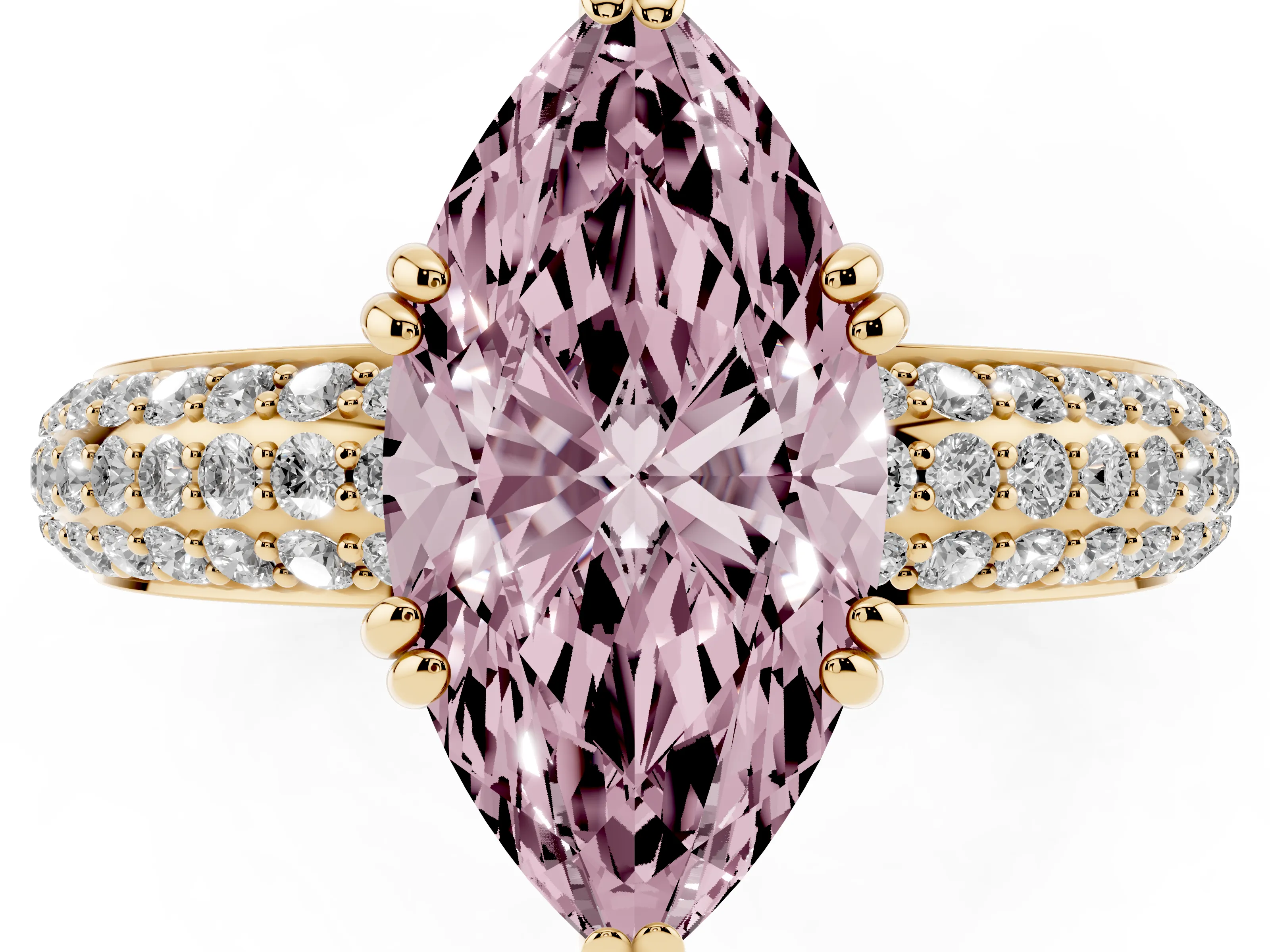 Fancy Pink Marquise Cut Diamond Solitaire Ring Set in Yellow gold with Multi-Row Round Pavé Band and Prong Setting