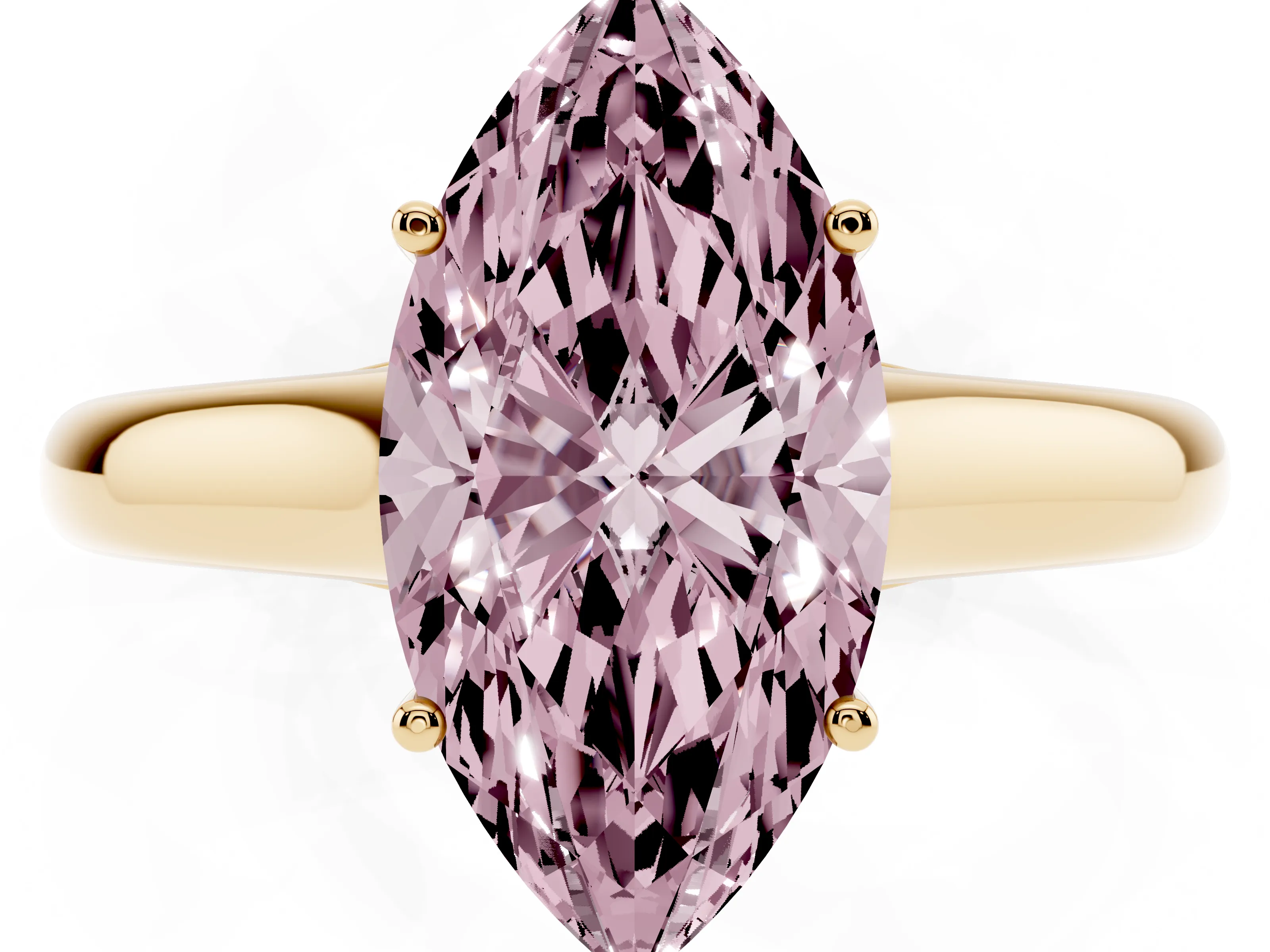 Fancy Pink Marquise Cut Diamond Solitaire Engagement Ring Set in Yellow gold with Subtly Tapered Band and Prong Setting