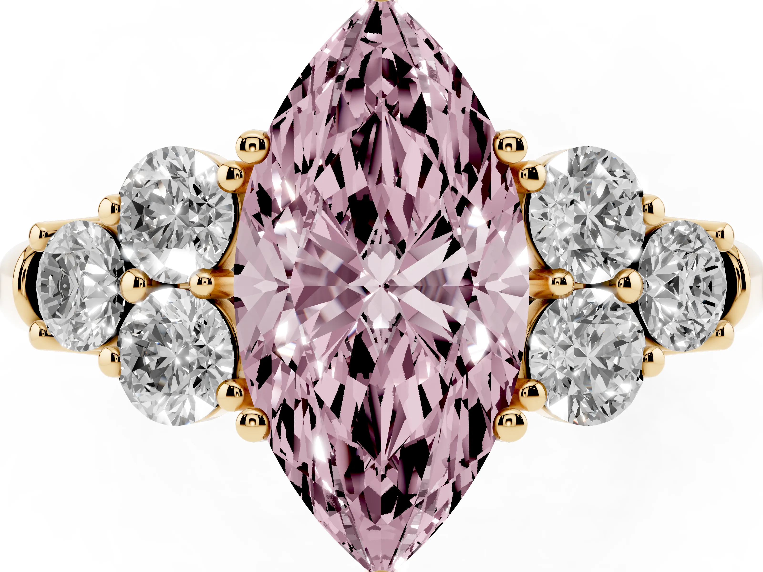 Fancy Pink Marquise Cut Diamond Cluster Ring Set in Yellow gold with Round Accent Stones and Prong Setting on a Plain Band