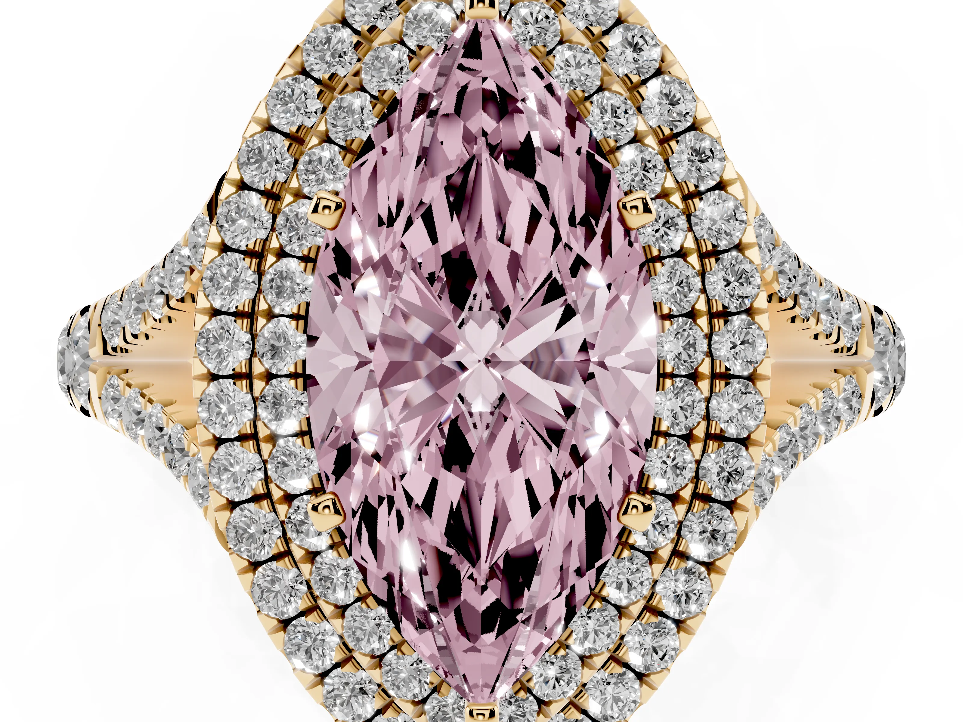 Fancy Pink Marquise Cut Diamond Pavé Split Shank Double Halo Engagement Ring Set in Yellow gold