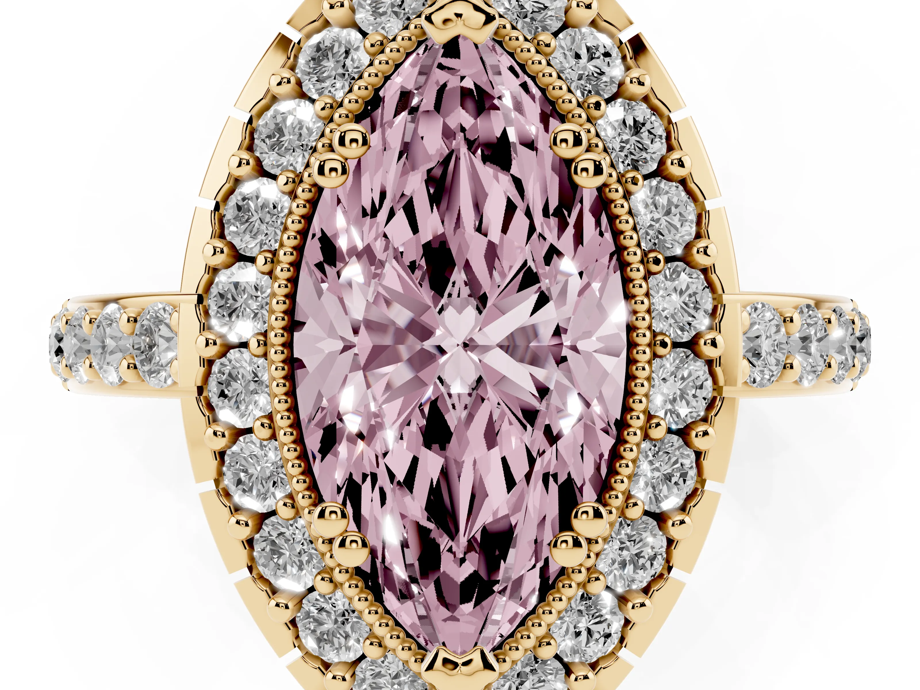 Fancy Pink Marquise Cut Diamond Halo Ring Set in Yellow gold with Pavé Shank and Prong Setting