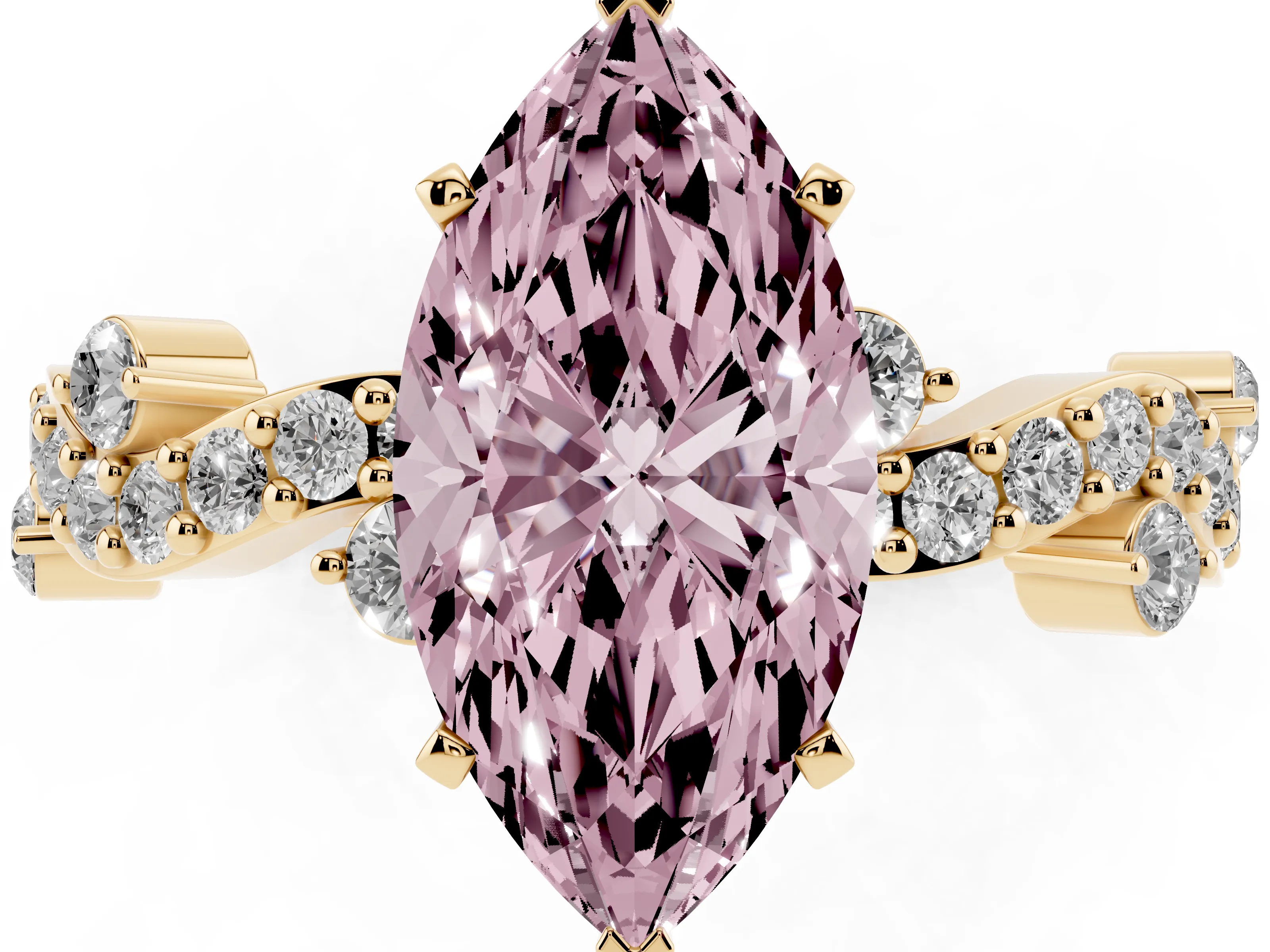 Fancy Pink Marquise Cut Diamond Solitaire Twisted Band Set in Yellow gold with Pavé Setting
