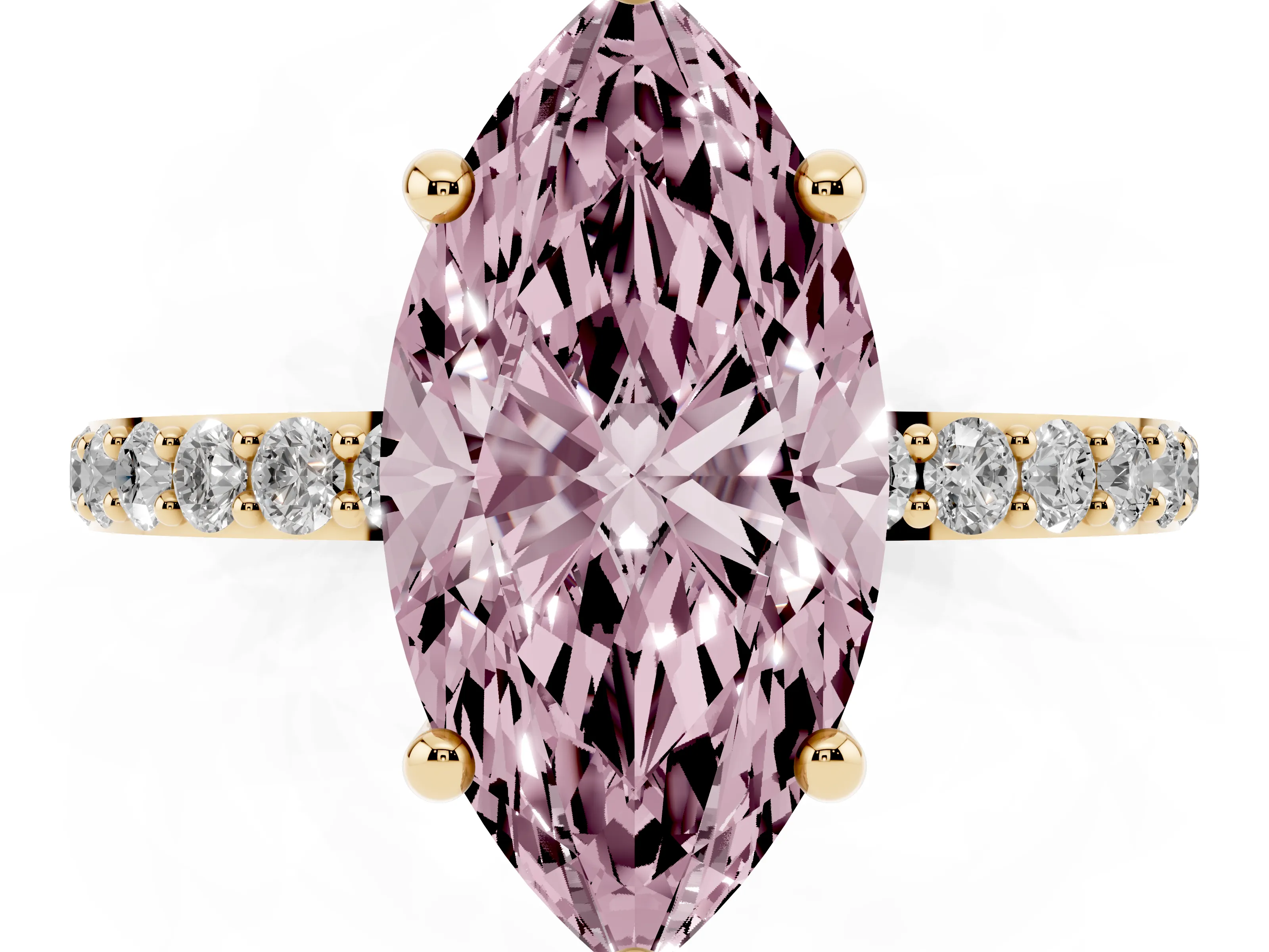 Fancy Pink Marquise Cut Diamond Solitaire Ring Set in Yellow gold with Round Pavé Band and Prong Setting