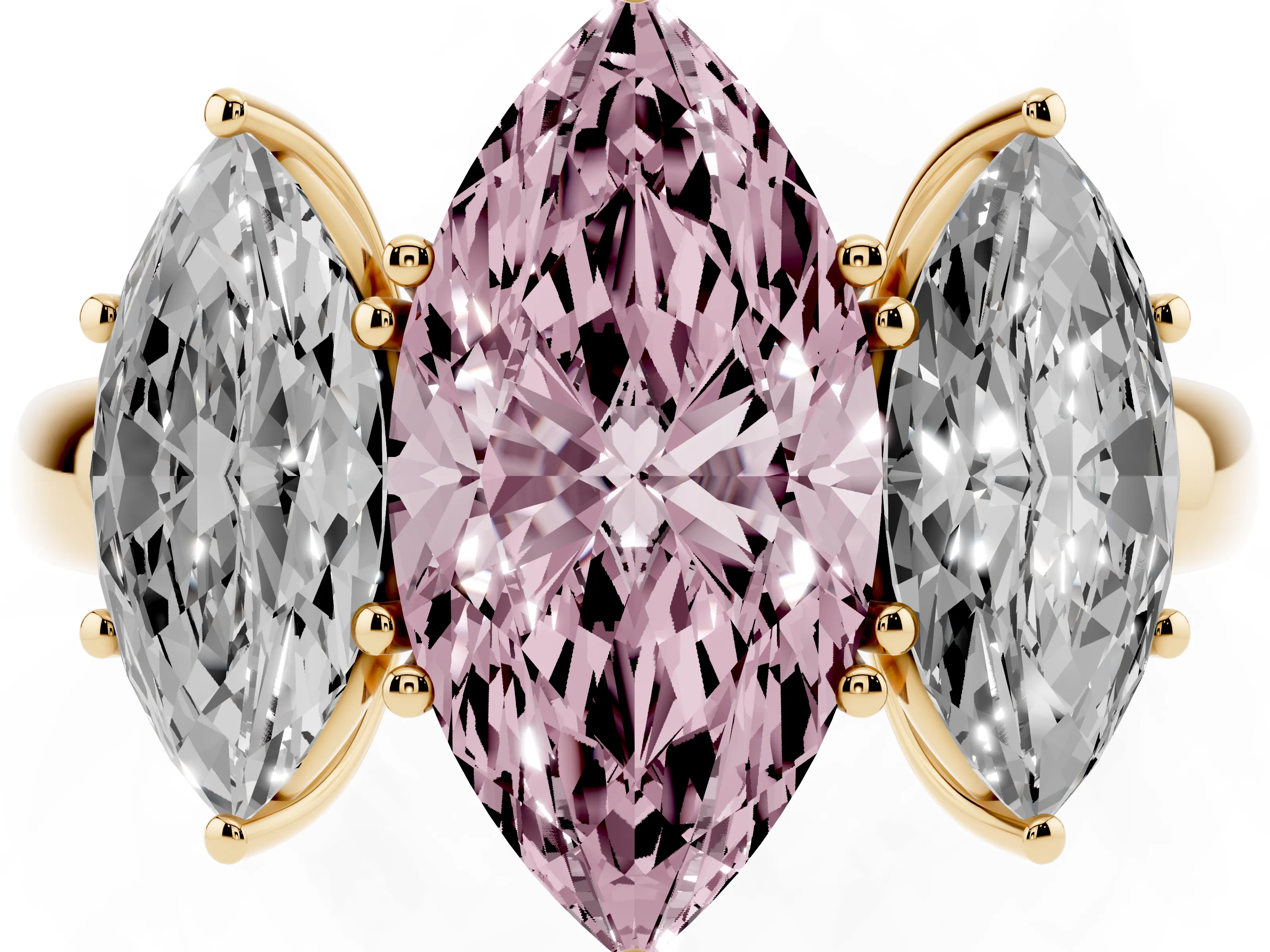 Fancy Pink Marquise Cut Diamond Three-Stone Ring Set in Yellow gold with Bold Center and Classic Band