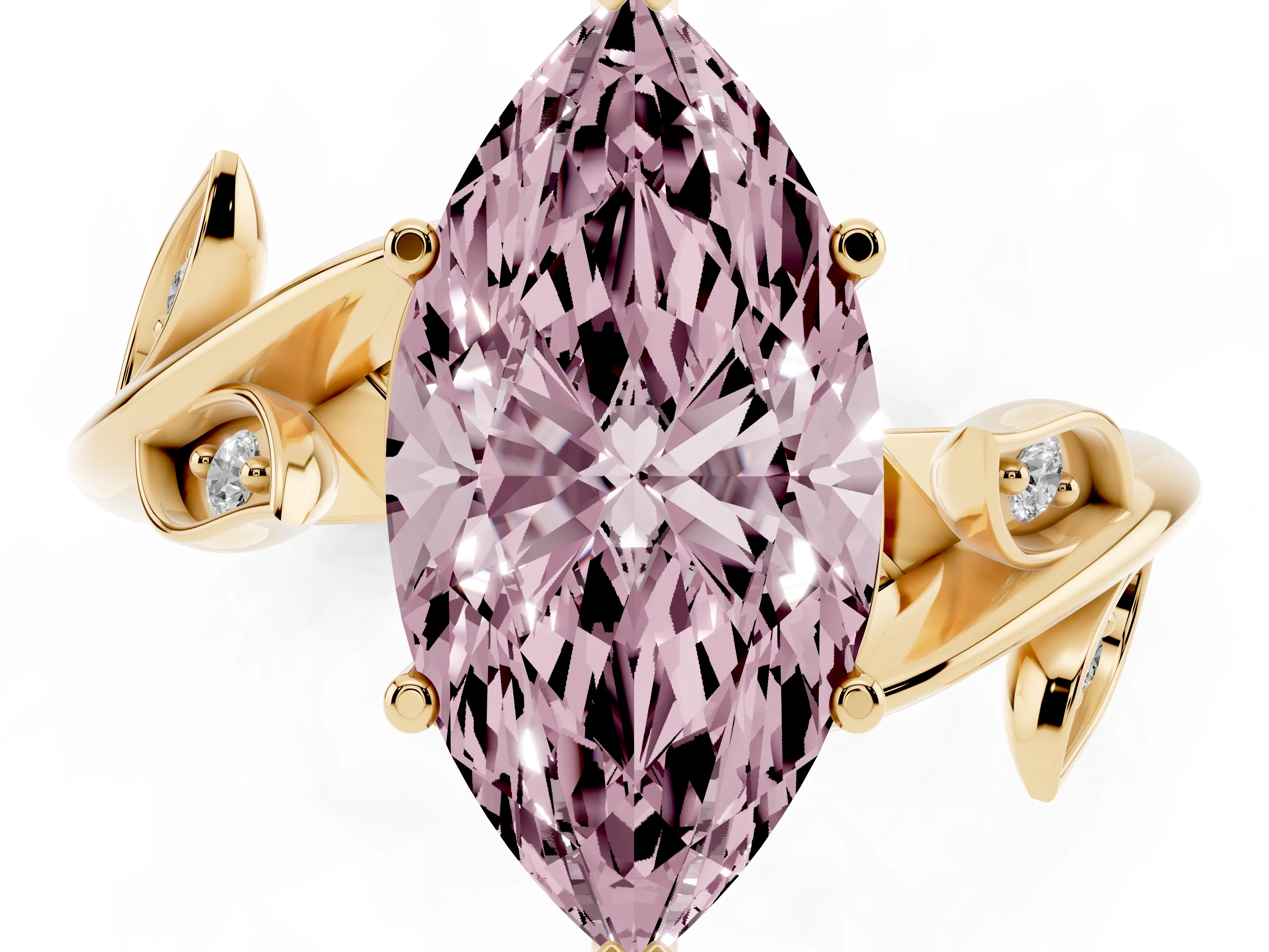 Fancy Pink Marquise Cut Diamond Solitaire Twist Engagement Ring Set in Yellow gold with Pavé Leaf Accents