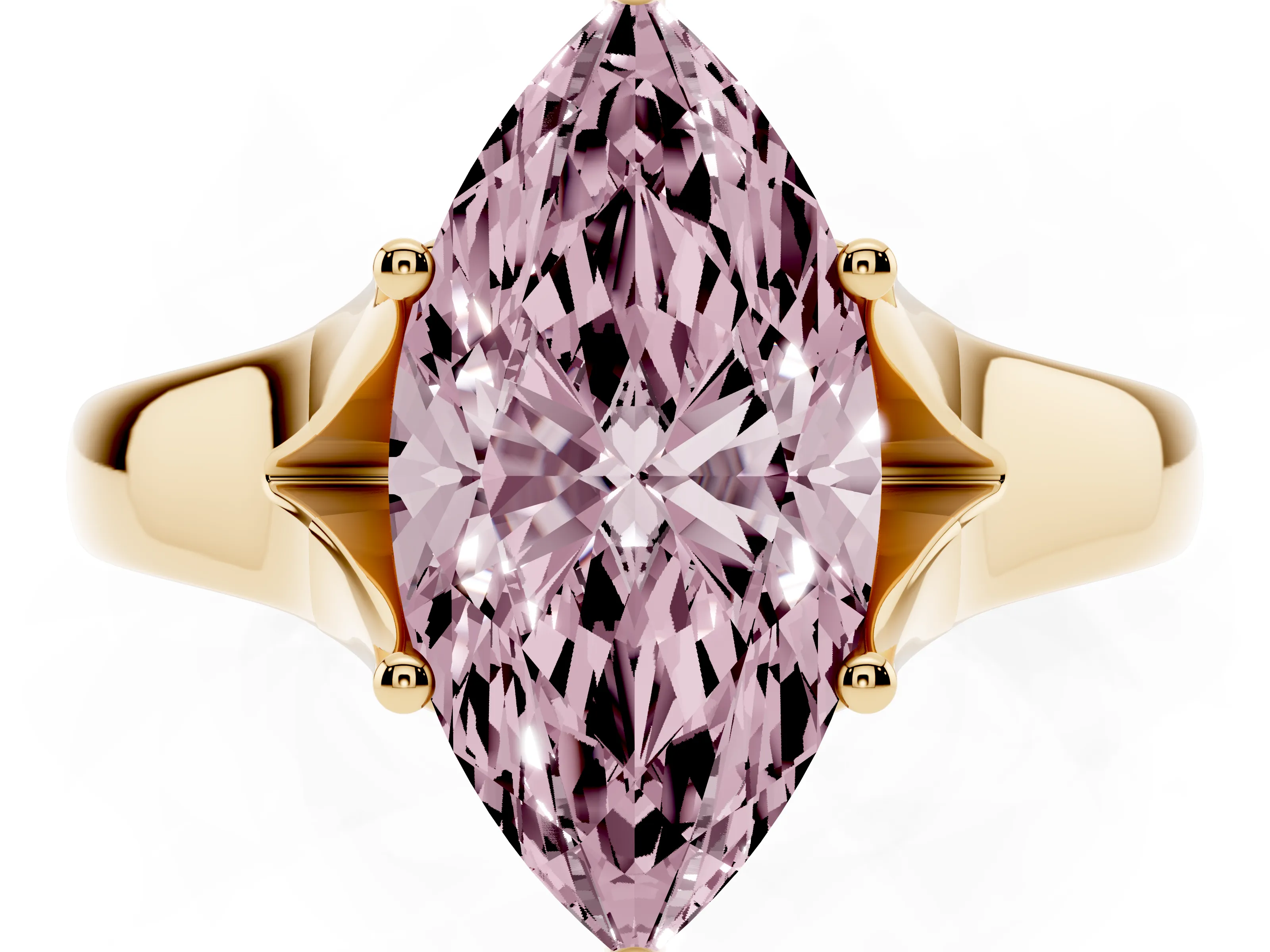 Fancy Pink Marquise Cut Diamond Solitaire Ring Set in Yellow gold with Arched Cathedral Band and Prong Setting