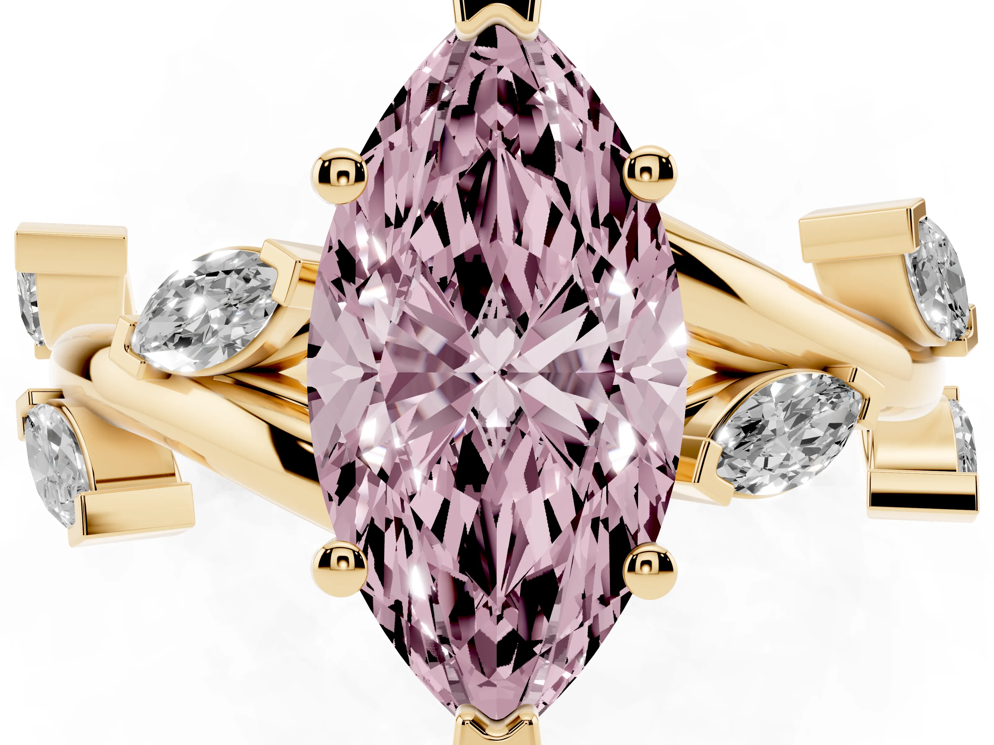 Fancy Pink Marquise Cut Diamond Solitaire Ring Set in Yellow gold with Twisted Marquise Accent Band