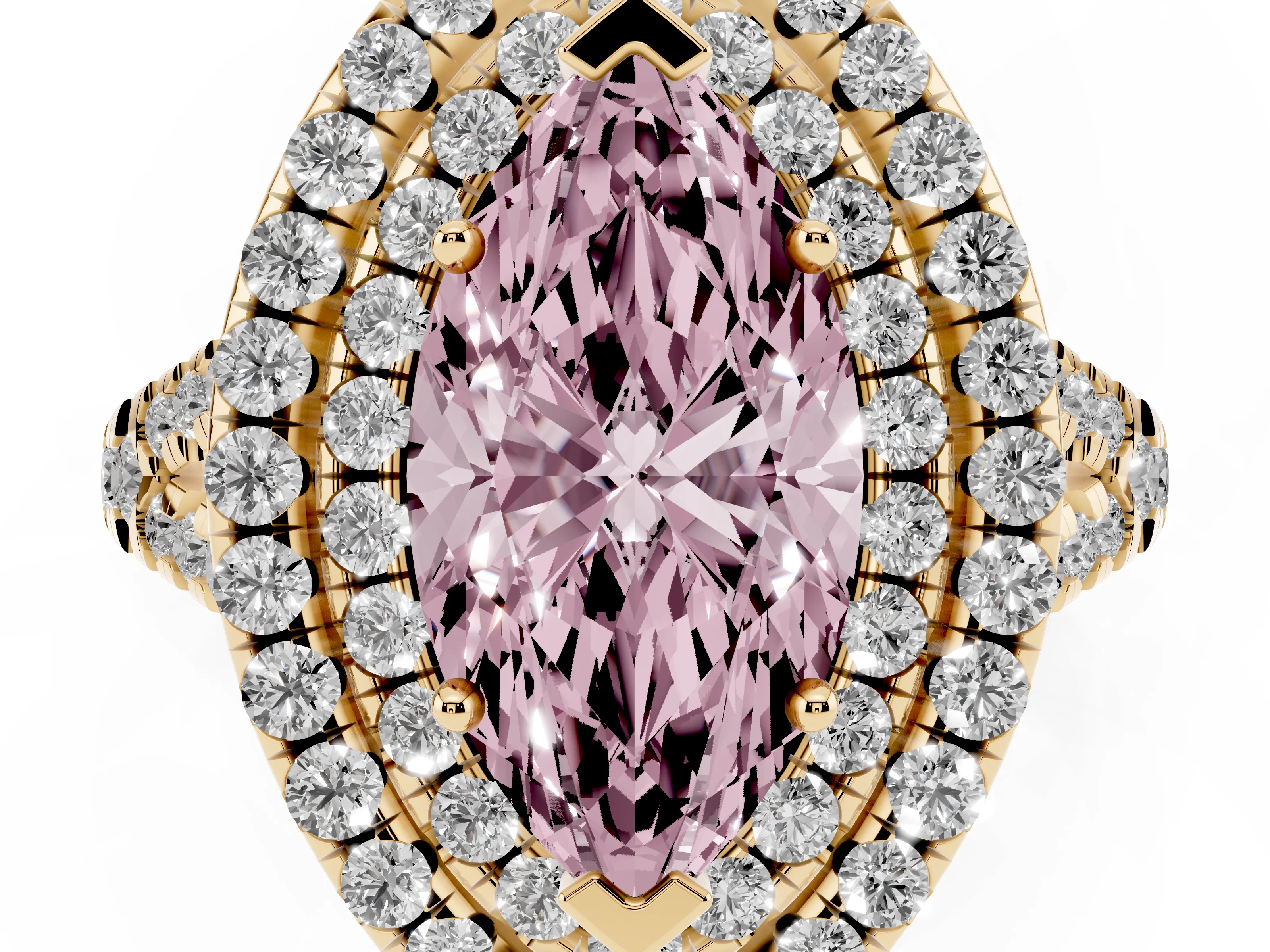 Fancy Pink Marquise Cut Diamond Double Halo Ring Set in Yellow gold with Pavé Split Shank and Prong Setting