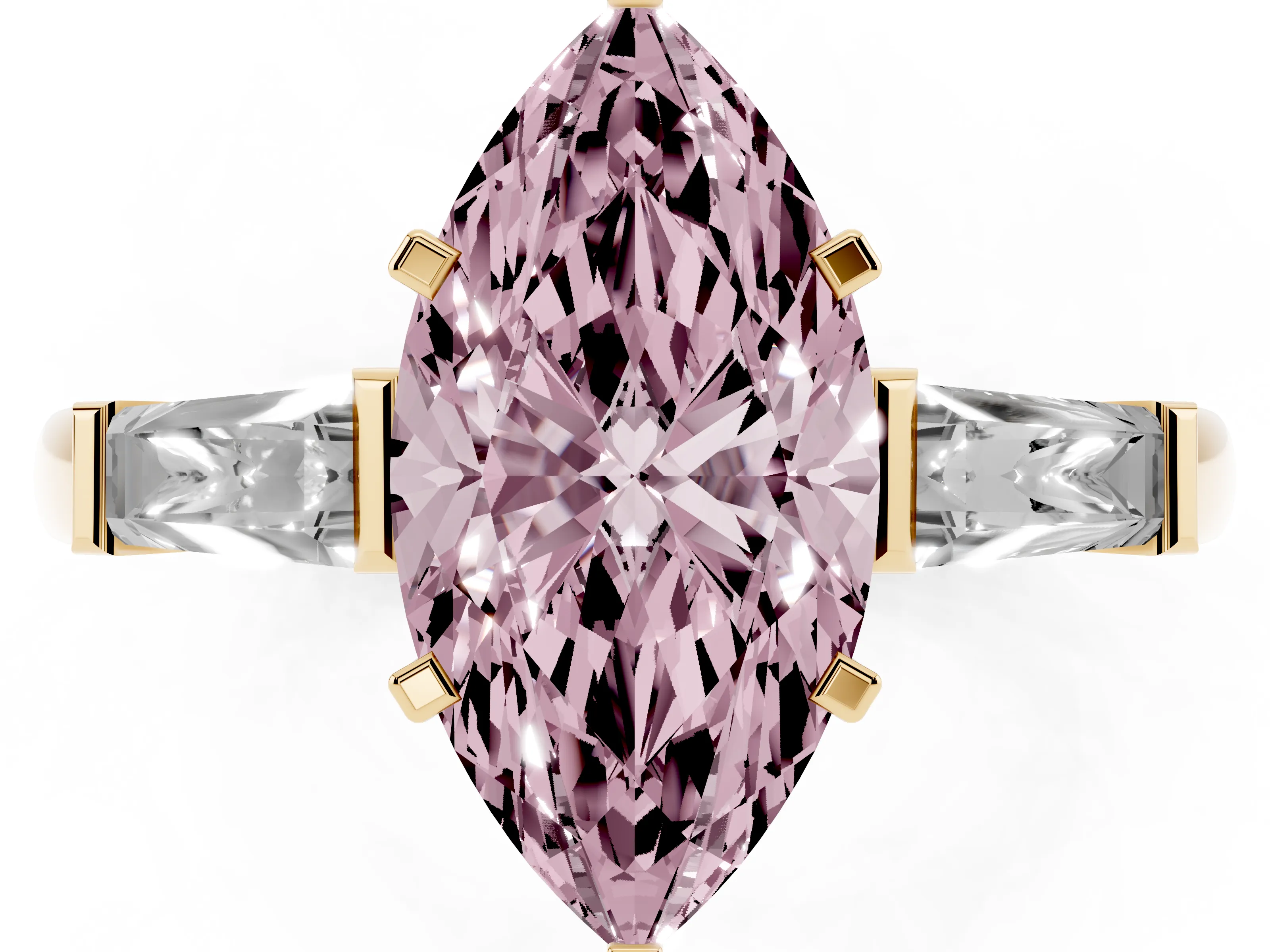 Fancy Pink Marquise Cut Diamond Solitaire Ring Set in Yellow gold with Tapered Baguette Side Stones and Prong Setting