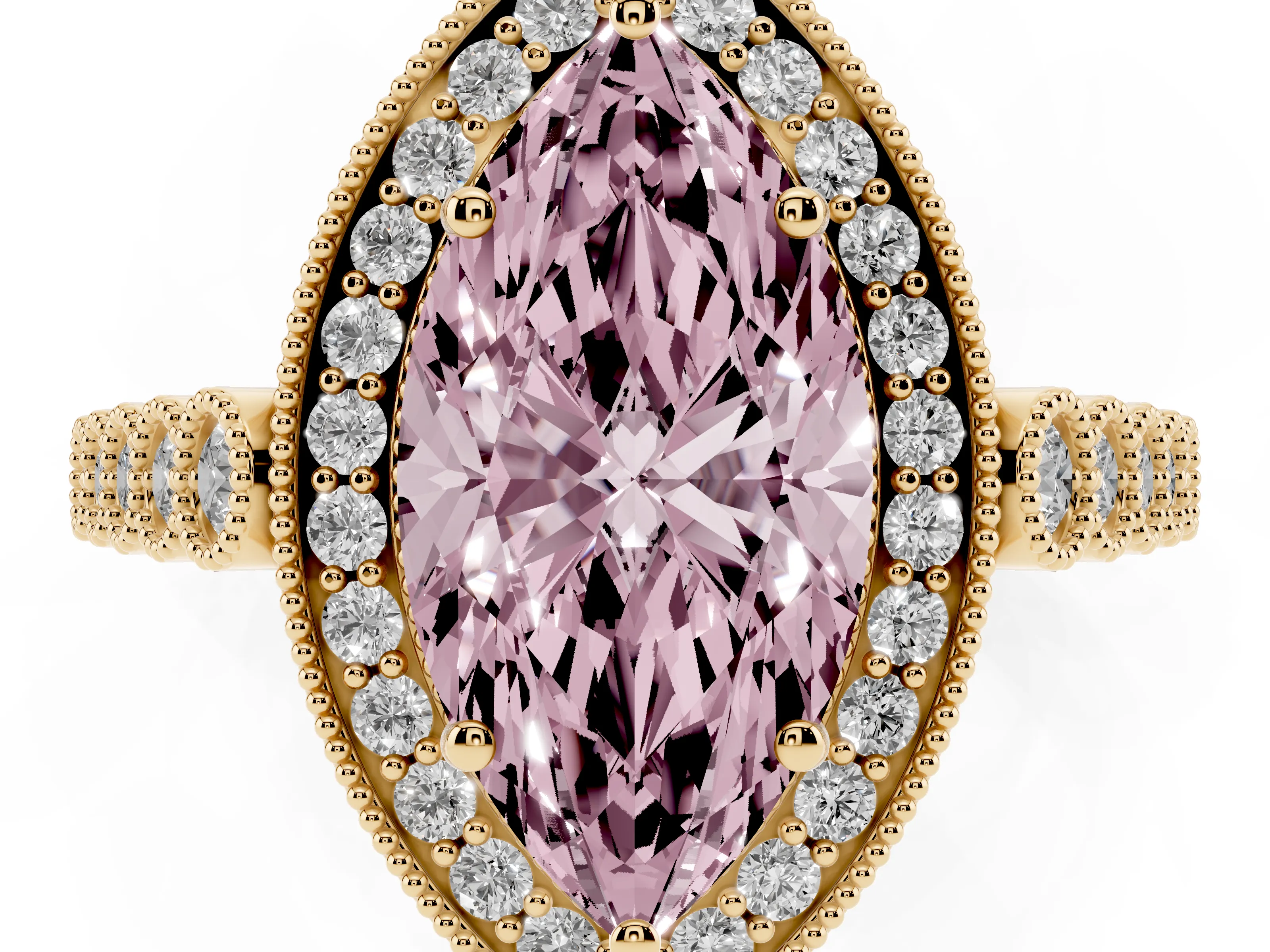 Fancy Pink Marquise Cut Diamond Milgrain Halo Solitaire Ring Set in Yellow gold with Bezel Set Side Stones and Pavé Band