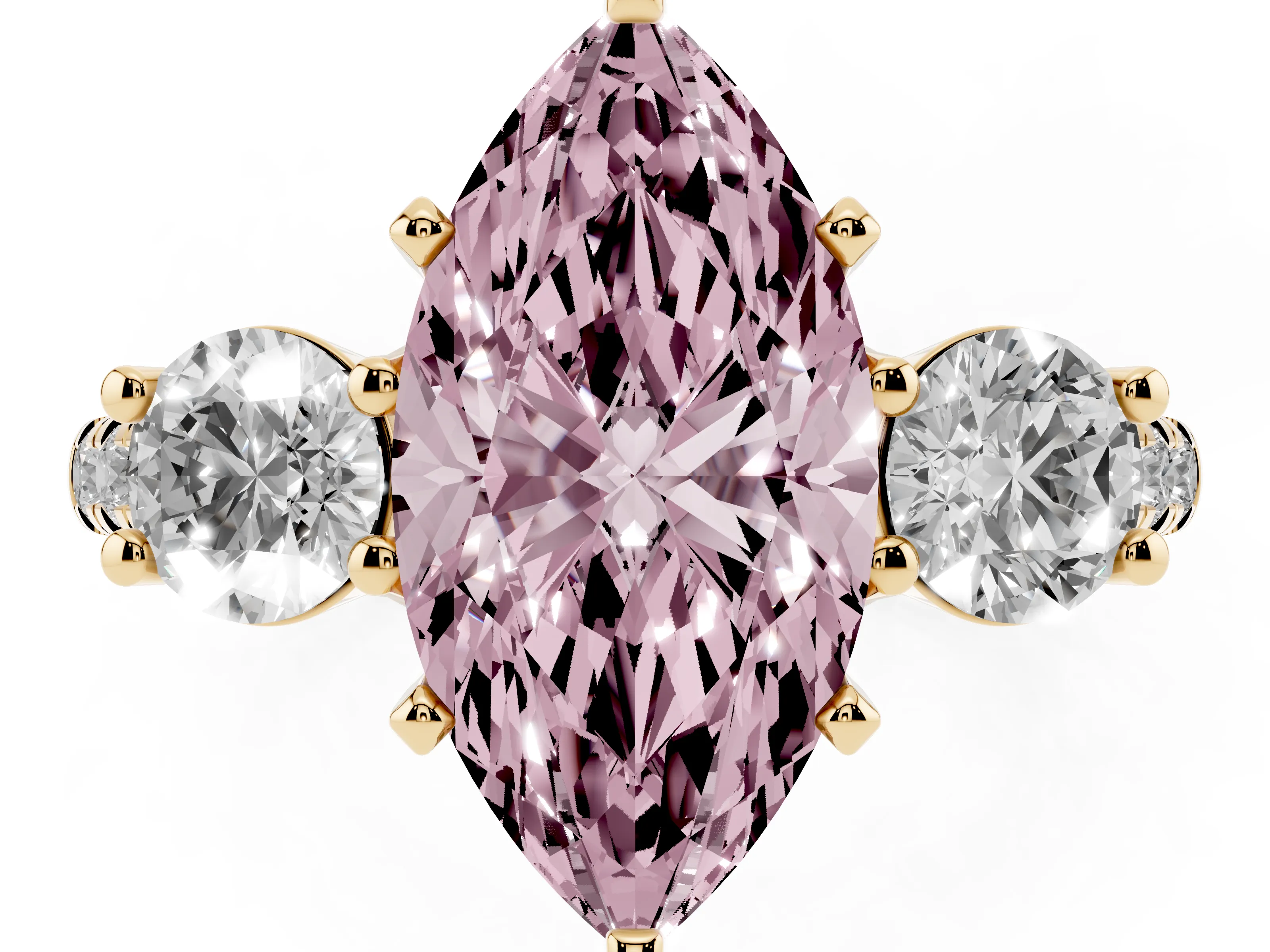 Fancy Pink Three-Stone Marquise Cut Diamond Pavé Band Ring Set in Yellow gold with Prong-Set Trio