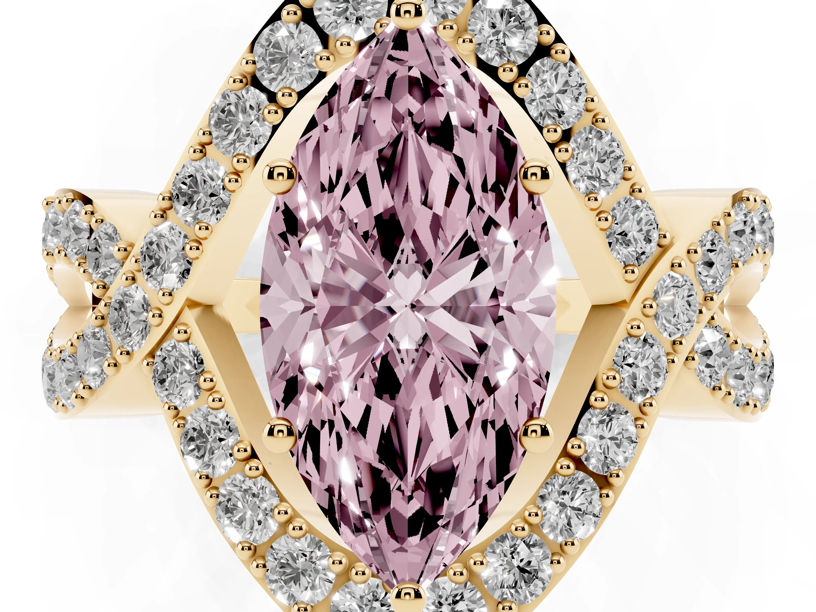 Fancy Pink Marquise Cut Diamond Solitaire Twist Band Pavé Engagement Ring Set in Yellow gold
