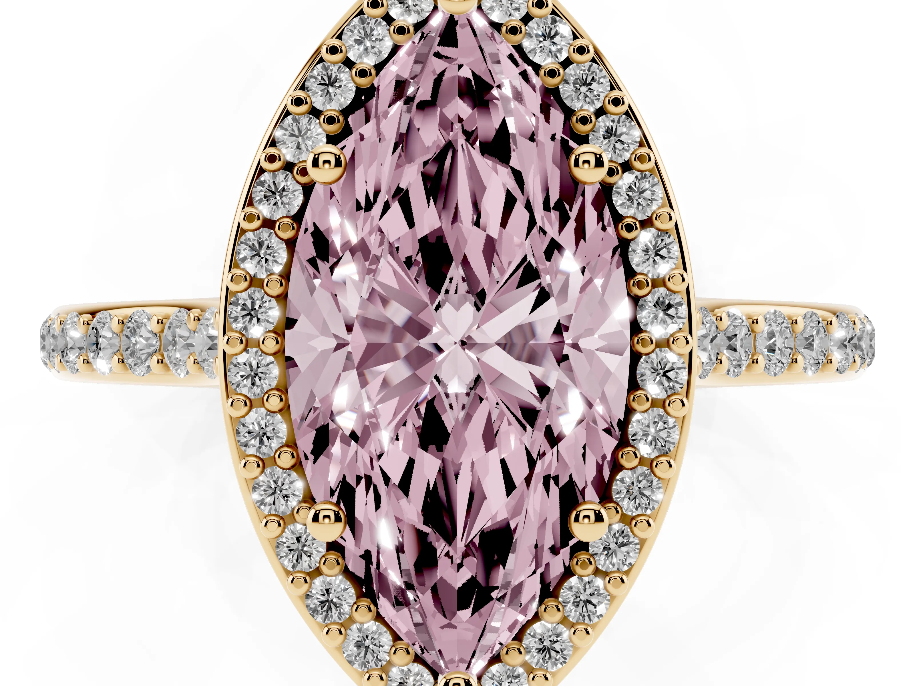 Fancy Pink Marquise Cut Diamond Halo Engagement Ring Set in Yellow gold with Round Pavé Shoulders and Heart Gallery