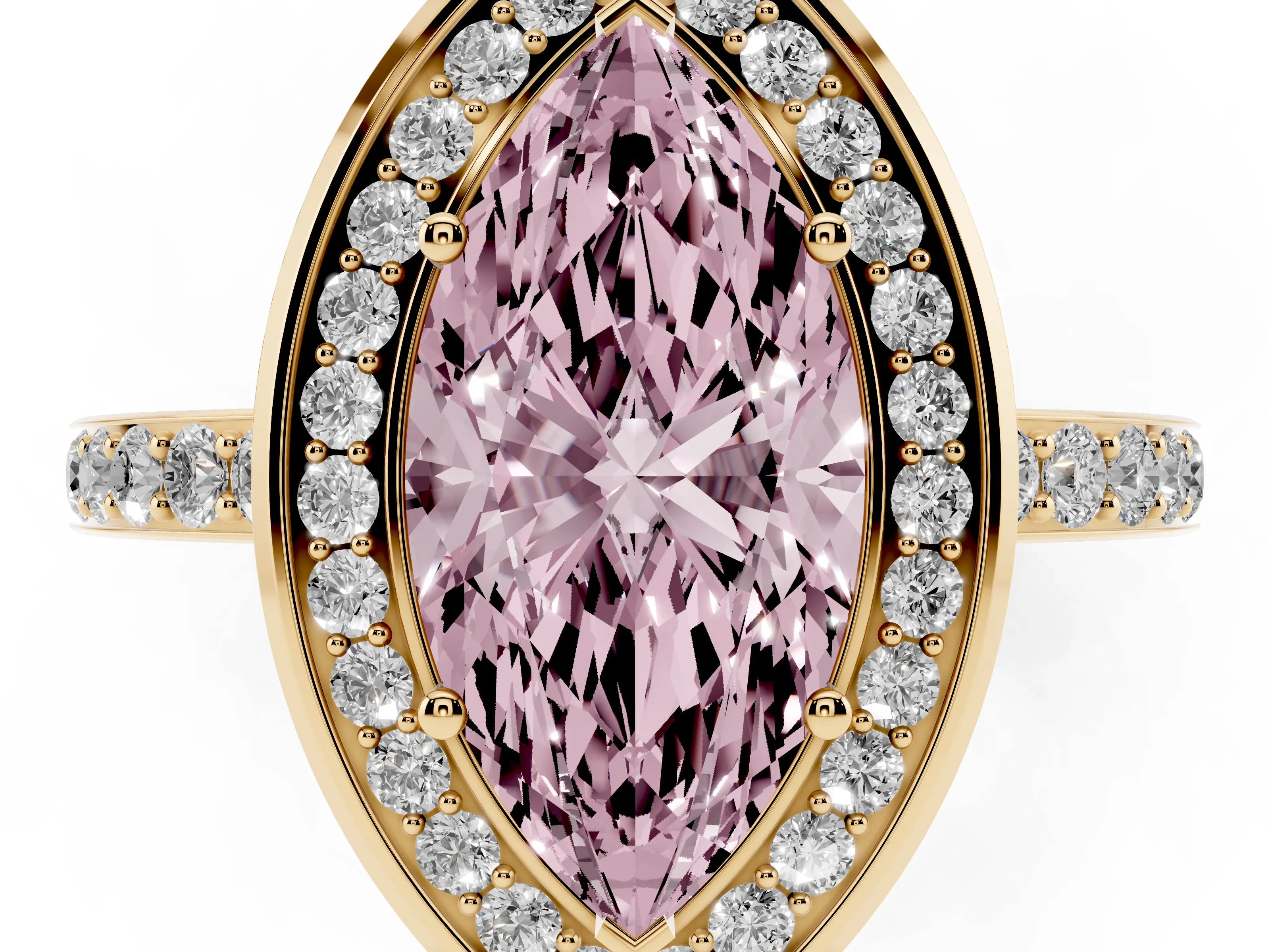 Fancy Pink Marquise Cut Diamond Halo Ring Set in Yellow gold with Bezel Frame and Pavé Band