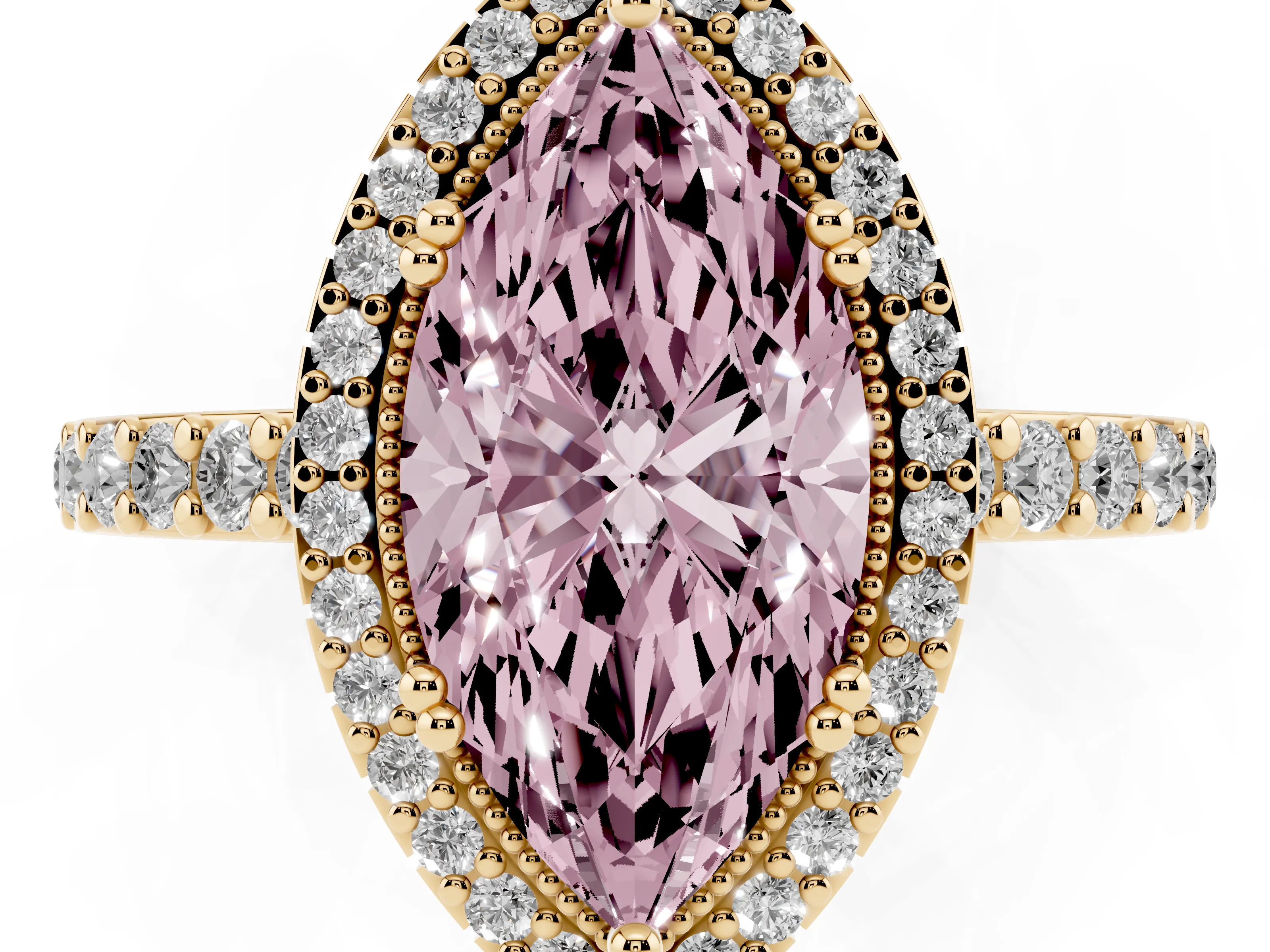 Fancy Pink Marquise Cut Diamond Halo Engagement Ring Set in Yellow gold with Milgrain Detail and Pavé Band