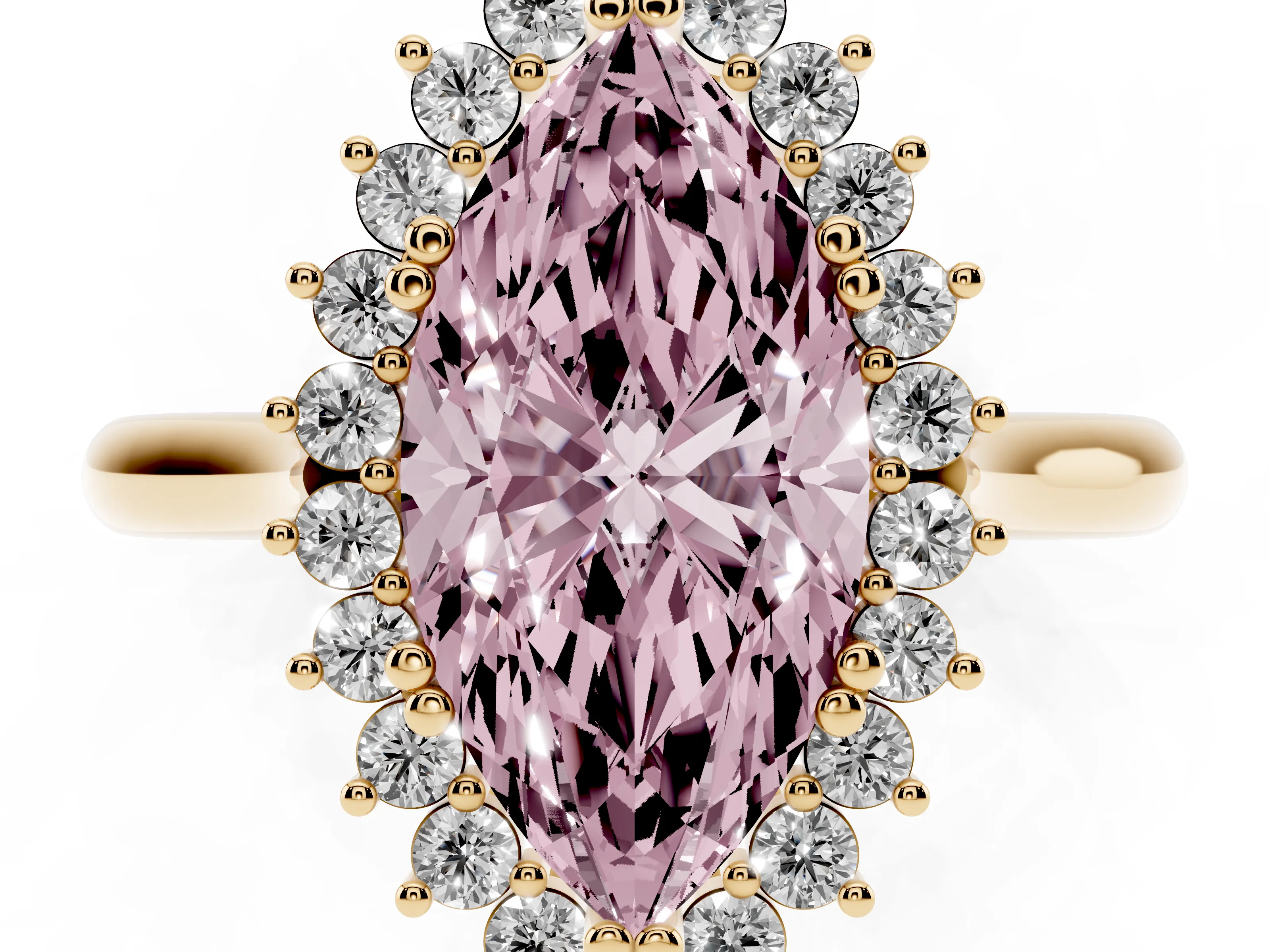 Fancy Pink Marquise Cut Diamond Halo Ring Set in Yellow gold with Plain Solitaire Band and Prong Setting