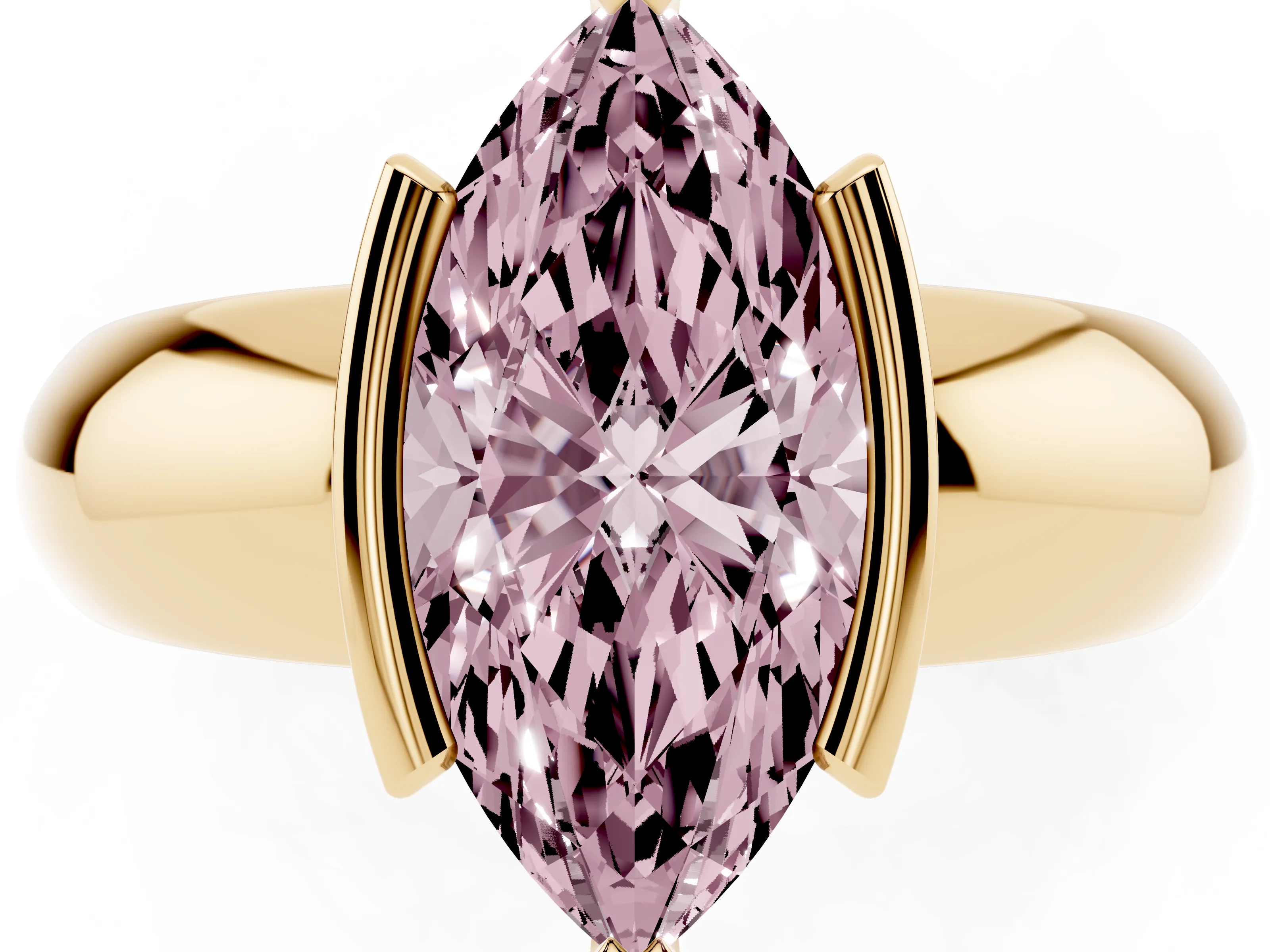 Fancy Pink Marquise Cut Diamond Solitaire Tension Set Ring Set in Yellow gold with Wide Band