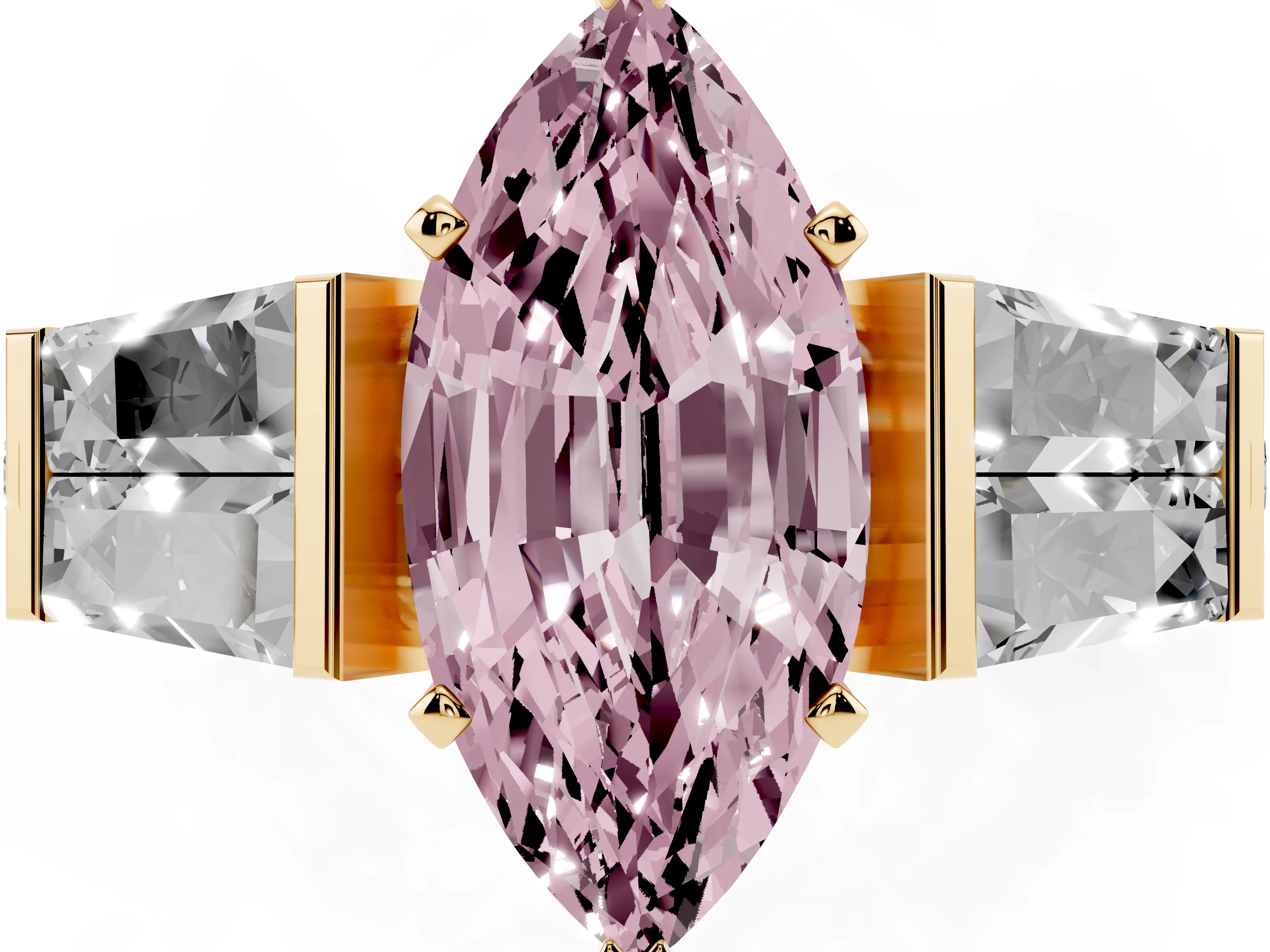 Fancy Pink Marquise Cut Diamond Engagement Ring Set in Yellow gold with Baguette Side Stones and Channel Set Band