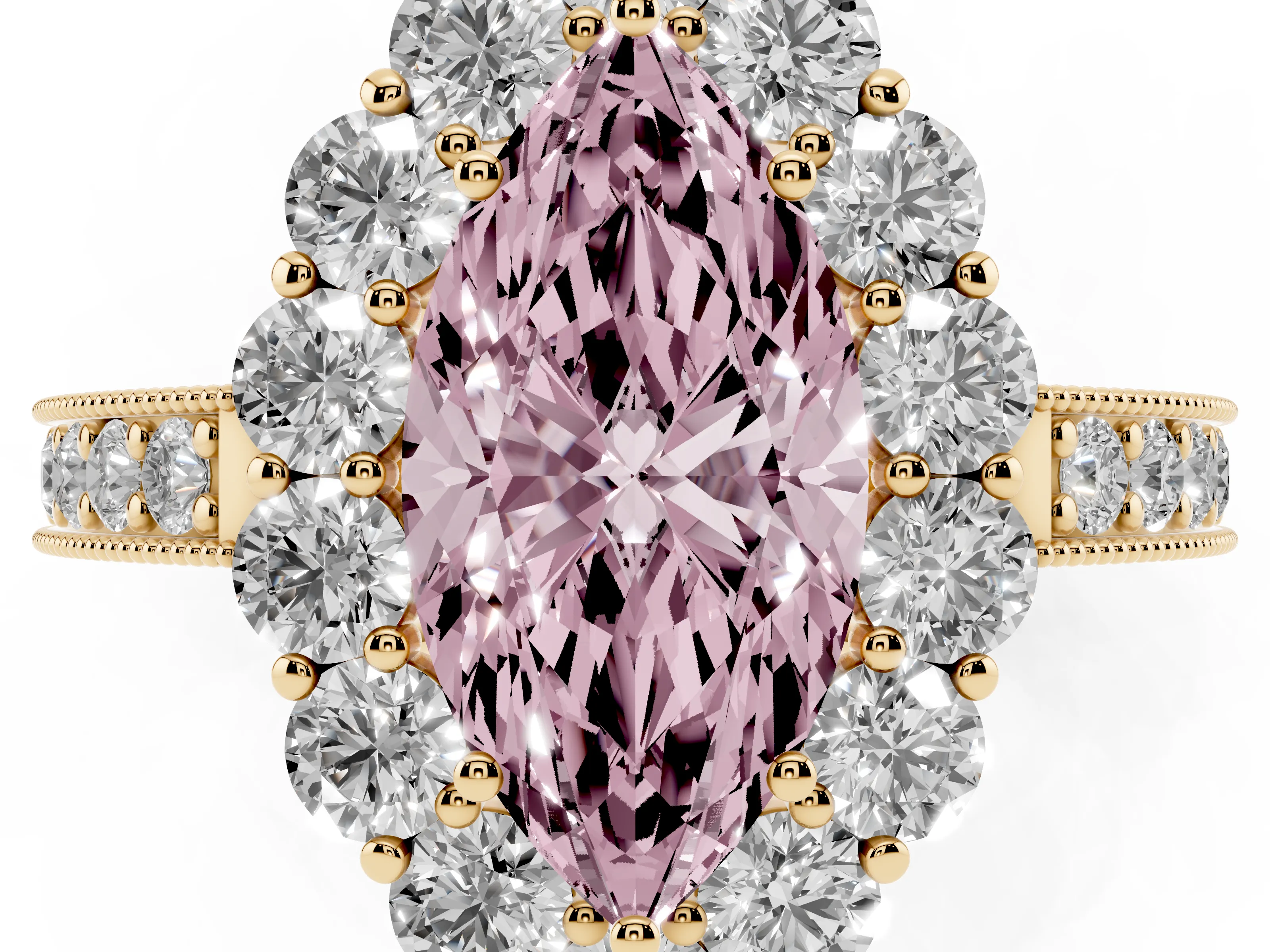 Fancy Pink Marquise Cut Diamond Halo Pavé Engagement Ring Set in Yellow gold with Milgrain Detailing