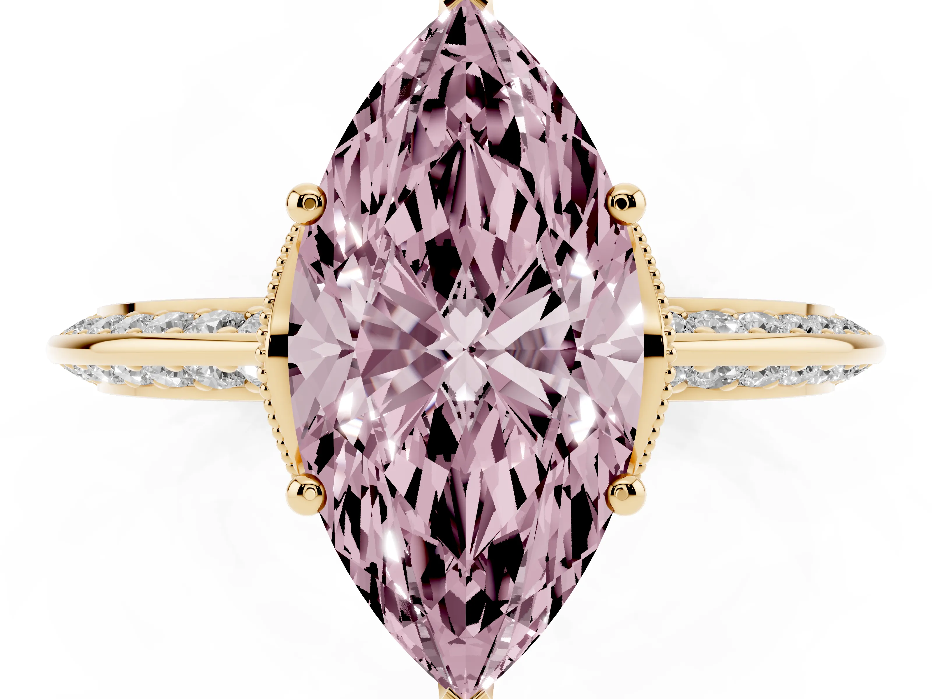 Fancy Pink Marquise Cut Diamond Solitaire Engagement Ring Set in Yellow gold with Pavé Split Shank and Prong Setting